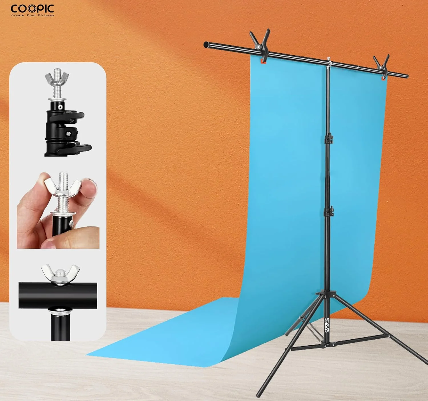 پایه نگهدارنده پس زمینه COOPIC مدل T: سه پایه قابل تنظیم 200 سانتی متری و میله افقی 83 سانتی متری به همراه 2 گیره محکم برای استودیو عکاسی و فیلمبرداری