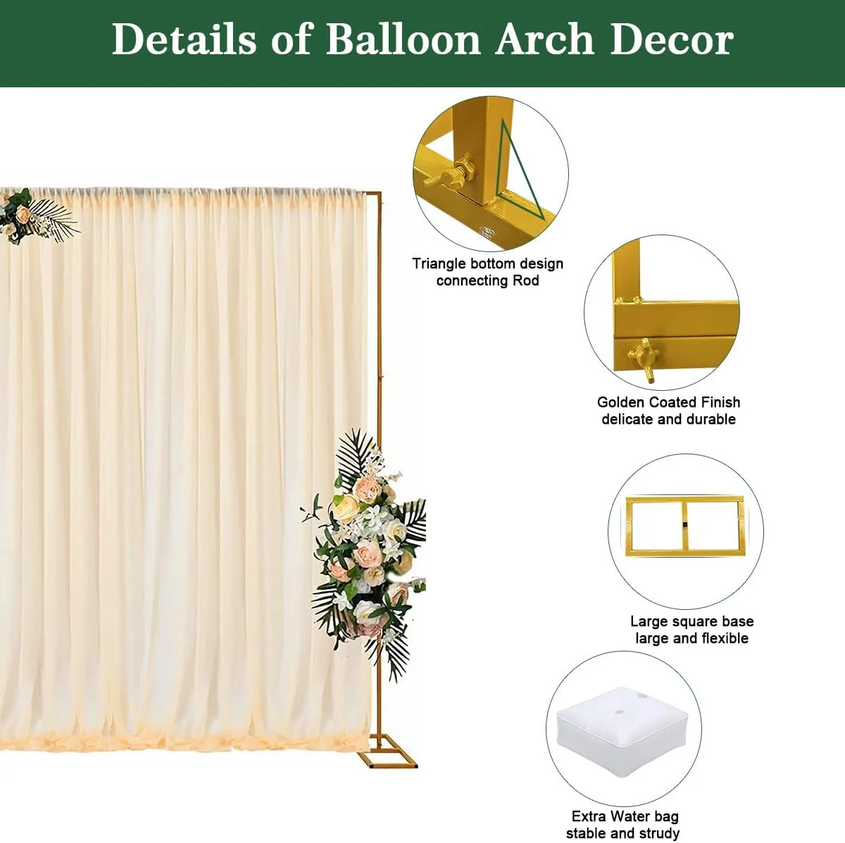 پایه مربعی بادکنک با پایه 2 متری، کیت طاق فلزی طلایی برای مراسم عروسی، کیت ستون بادکنک، قاب طاق گل باغ برای دکوراسیون جشن تولد، جشن نوزاد، جشن فارغ التحصیلی
