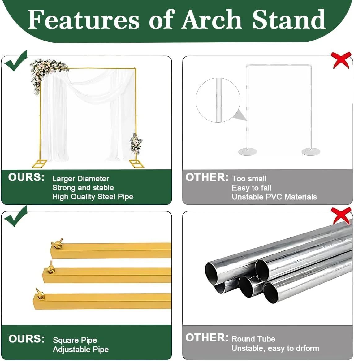 پایه مربعی بادکنک با پایه 2 متری، کیت طاق فلزی طلایی برای مراسم عروسی، کیت ستون بادکنک، قاب طاق گل باغ برای دکوراسیون جشن تولد، جشن نوزاد، جشن فارغ التحصیلی