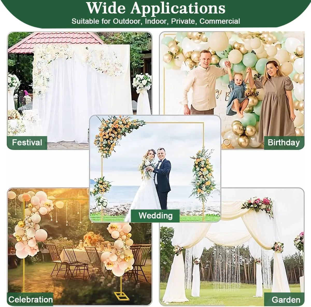 پایه مربعی بادکنک با پایه 2 متری، کیت طاق فلزی طلایی برای مراسم عروسی، کیت ستون بادکنک، قاب طاق گل باغ برای دکوراسیون جشن تولد، جشن نوزاد، جشن فارغ التحصیلی