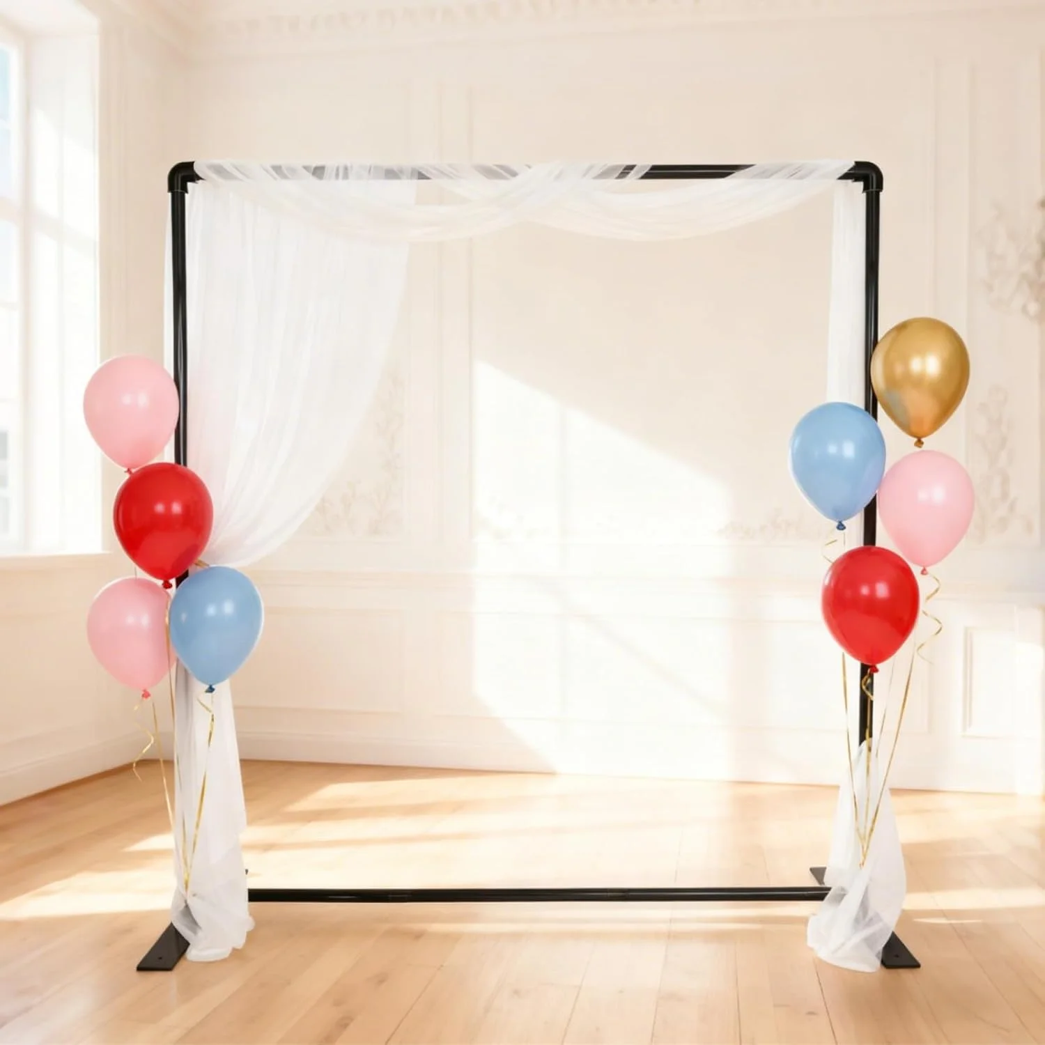 پایه پس زمینه مشکی Beyeutao، پایه کمانی قابل تنظیم با پایه 2.2x2.2 متر، قاب کمانی مربعی برای مراسم عروسی، غرفه عکس، جشن تولد و دکوراسیون مراسم
