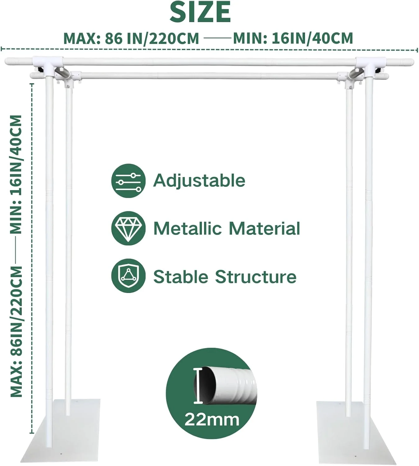 پایه پس زمینه دو میله ای Beyeutao 2.2 × 2.2 متر، قاب فلزی قابل تنظیم با پایه سنگین، سیستم پشتیبانی پس زمینه سفید، مناسب برای مهمانی ها، عکاسی، عروسی، تولد پایه پس زمینه دو میله ای Beyeutao 2.2 × 2.2 متر، قاب فلزی قابل تنظیم با پایه سنگین، سیستم پشتیبانی پس زمینه سفید، مناسب برای مهمانی ها، عکاسی، عروسی، تولد