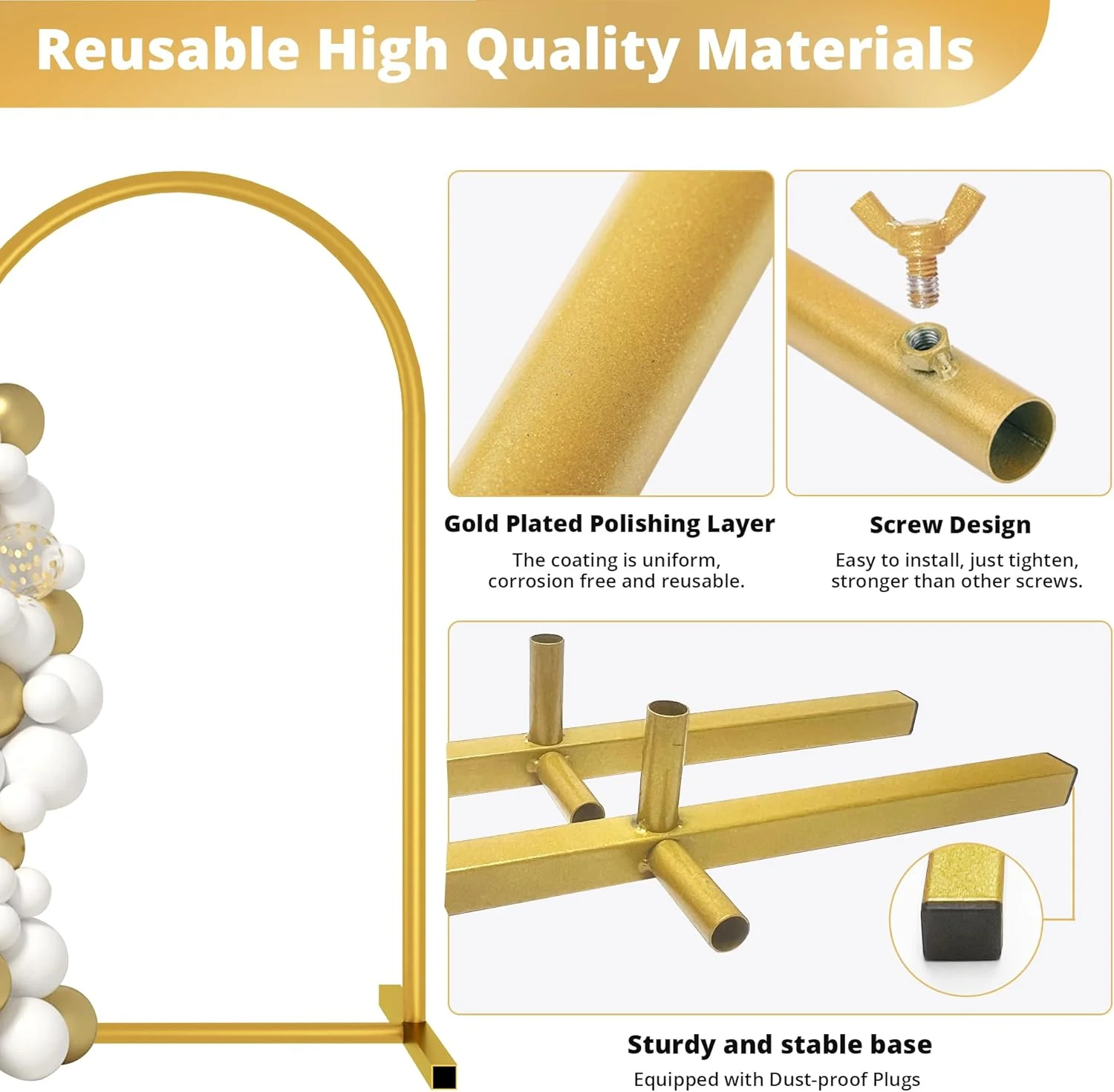 پایه طاق بادکنک فلزی طلایی 2 متری، پایه پس زمینه طاق با پایه ثابت، نصب آسان برای عروسی، تولد، جشن نوزاد و تزئینات مهمانی باغ