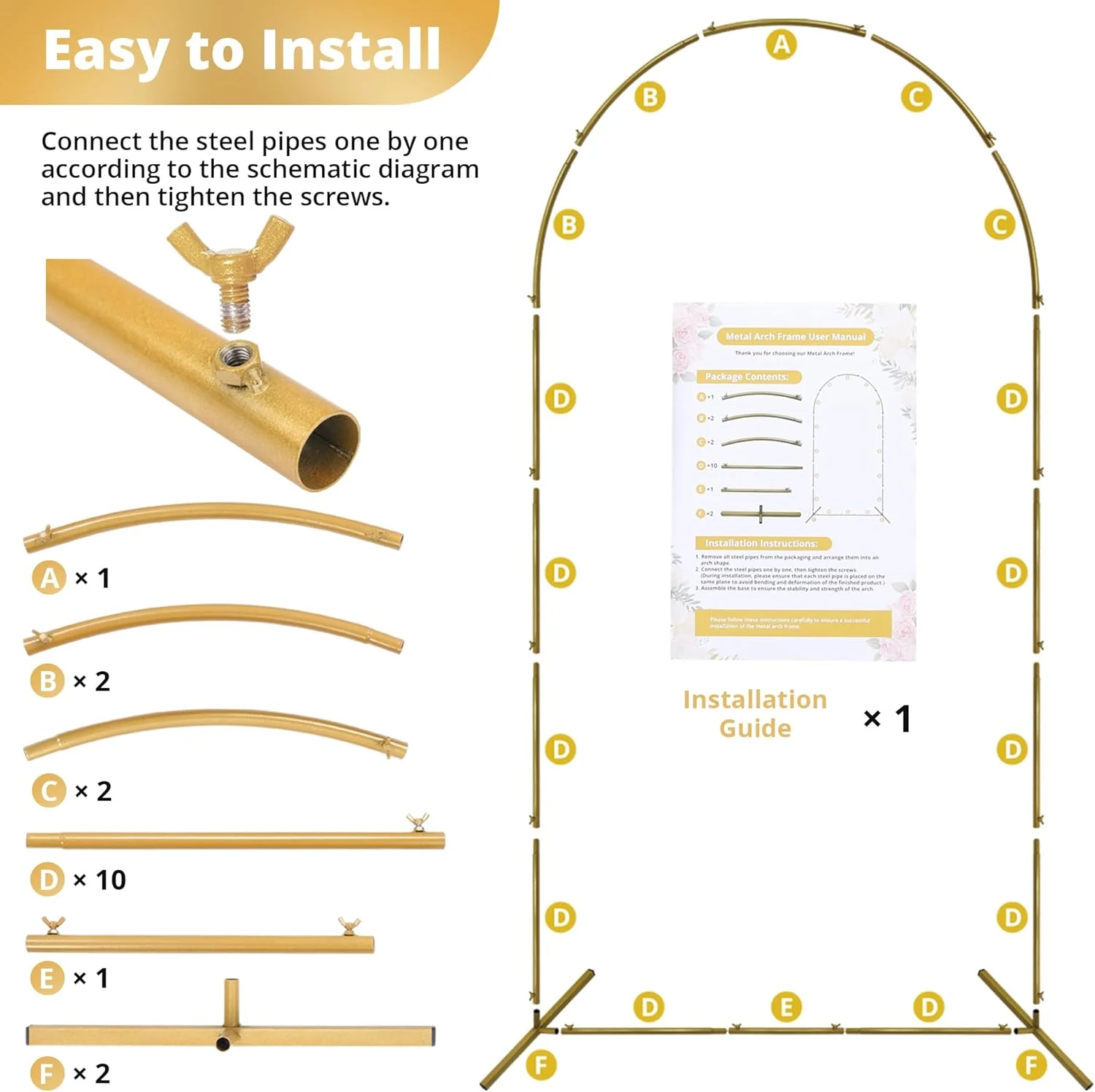 پایه طاق بادکنک فلزی طلایی 2 متری، پایه پس زمینه طاق با پایه ثابت، نصب آسان برای عروسی، تولد، جشن نوزاد و تزئینات مهمانی باغ