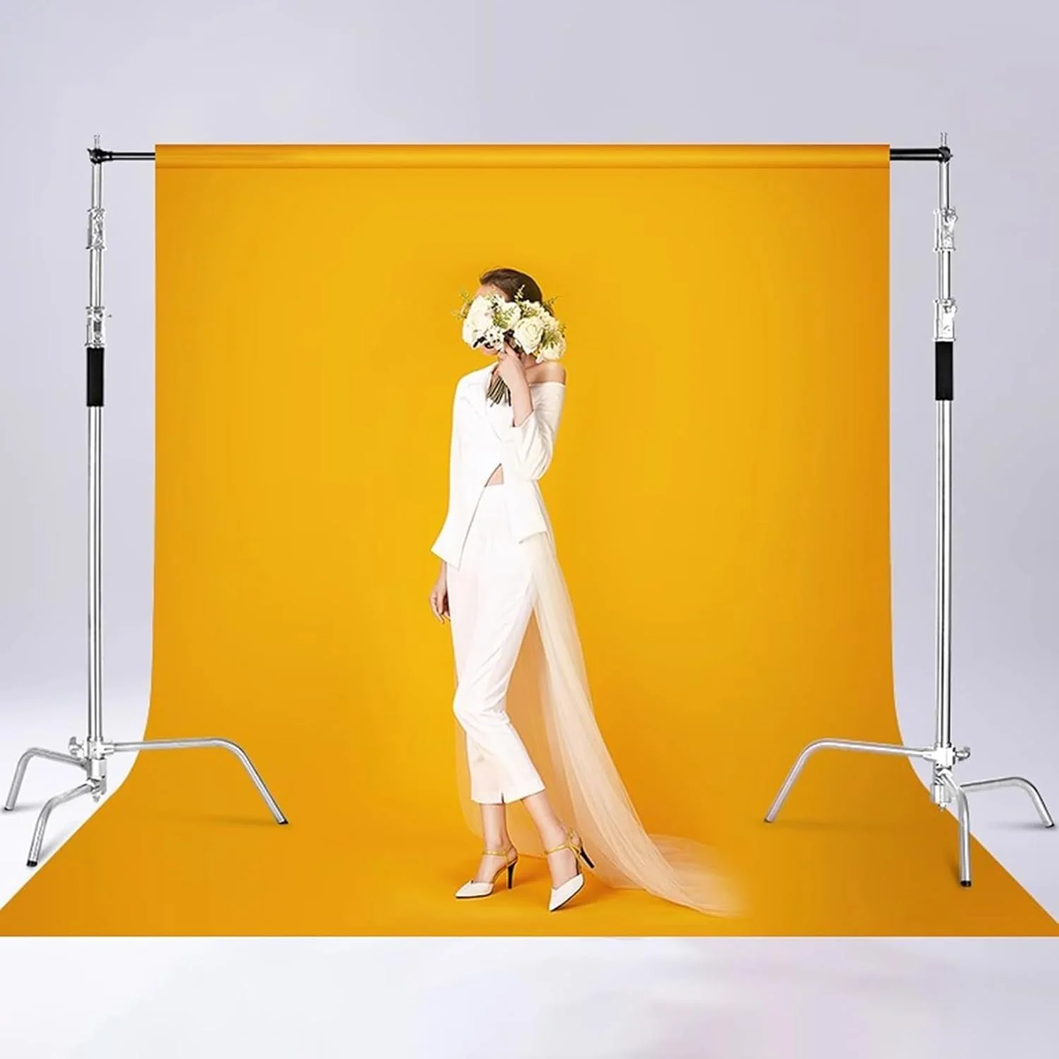 پس زمینه عکاسی با کیت پایه قابل تنظیم ارتفاع و عرض استیل ضد زنگ (رنگ: سفید، اندازه: 3.3 * 3 متر)