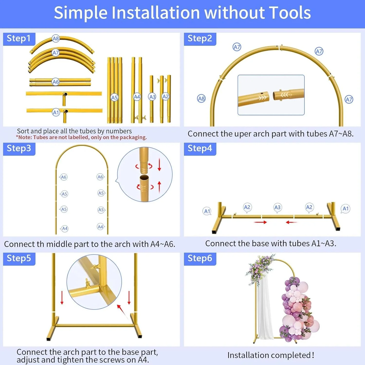 پایه طاق پس زمینه، پایه طاق فلزی برای مهمانی، تولد، عروسی، جشن نامزدی، جشن نوزاد (طلایی، 2 متر)