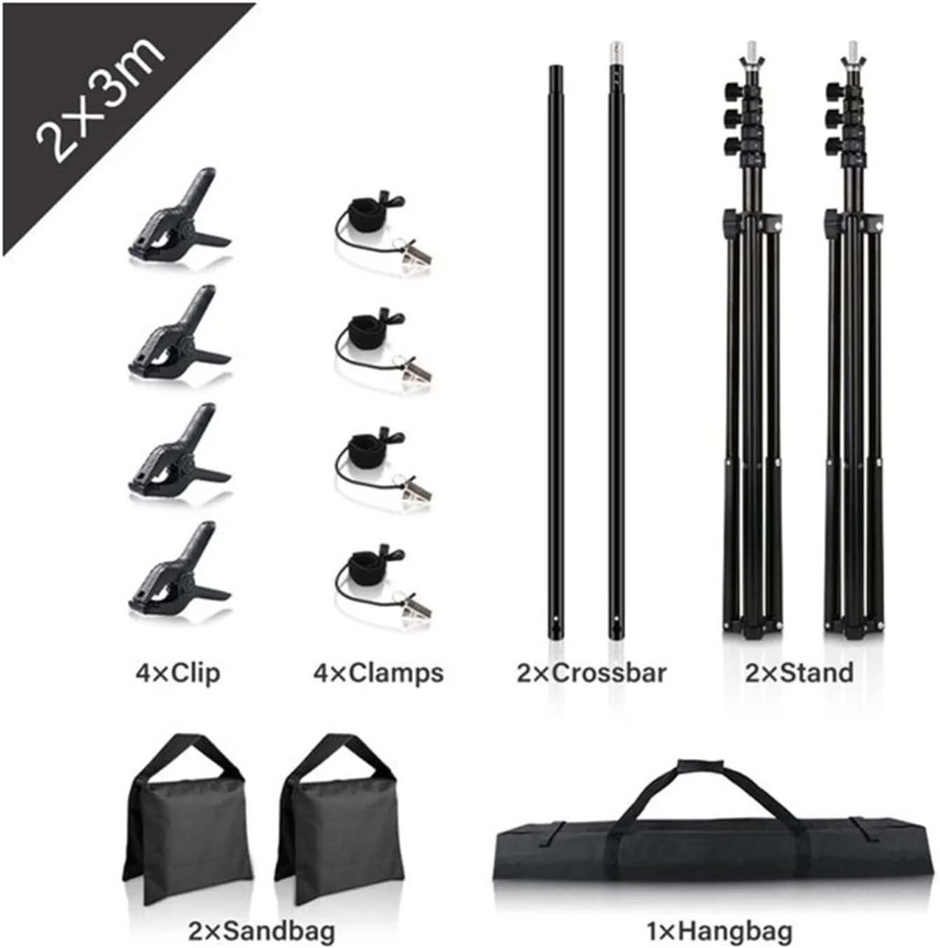 سیستم پشتیبانی پس زمینه استند پرده فون 2.6X3/2X3 متری با 2 میله افقی برای عکاسی پرده سبز کروماکی استودیو عکس (2x3 متر)