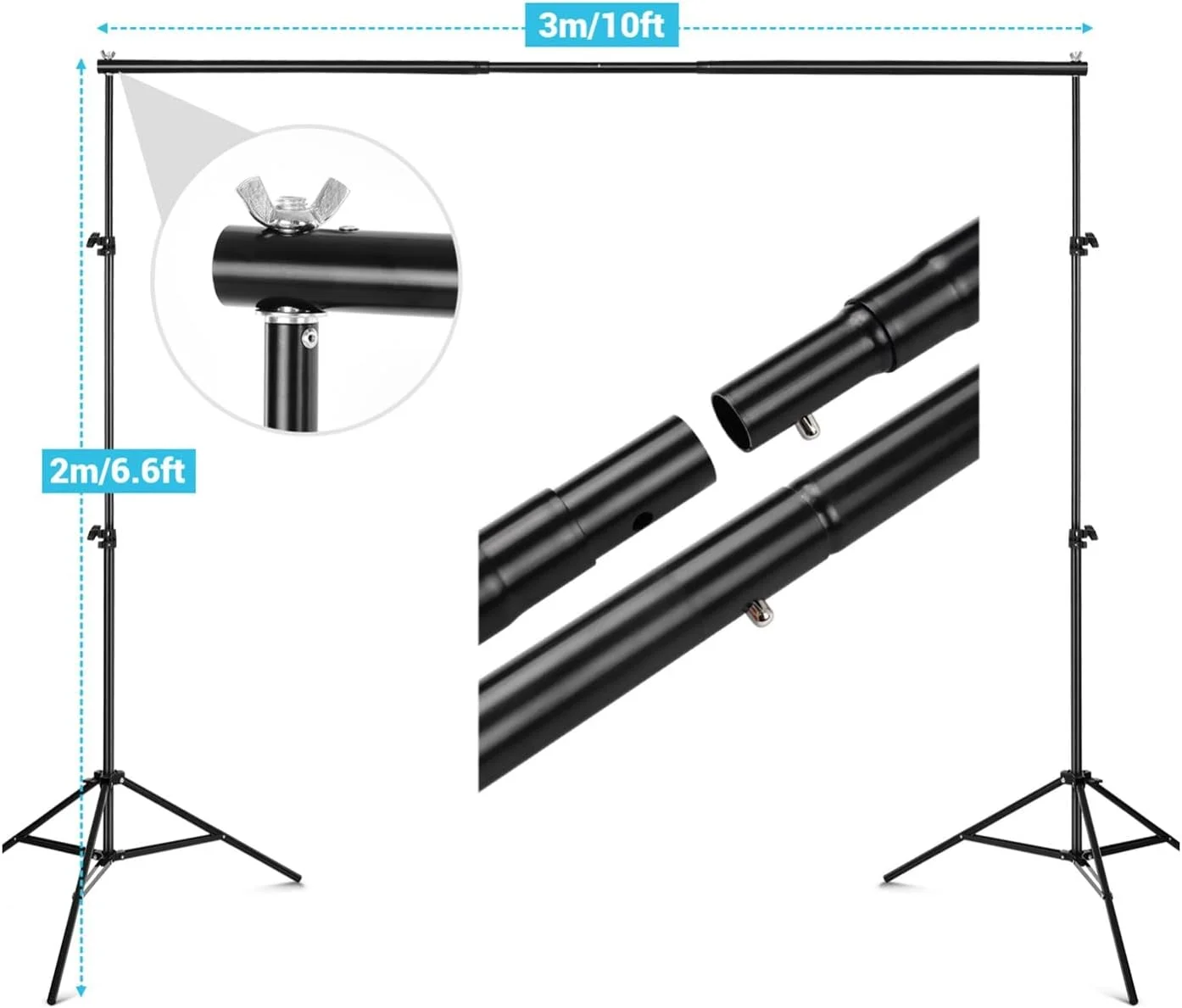 پایه پس زمینه استودیو آلیاژ آلومینیوم 2 * 3 متری، براکت پایه پس زمینه قابل تنظیم عکاسی، 2 عدد کیسه شن + 3 عدد گیره پس زمینه + کیف حمل
