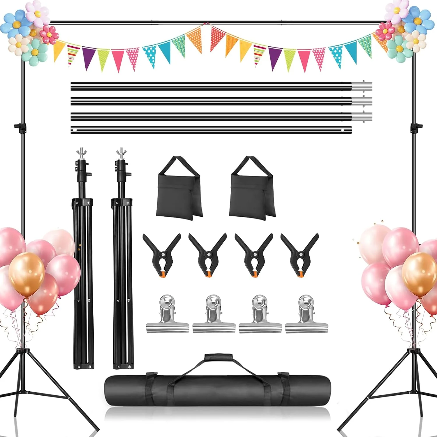 پایه پس زمینه فونان 2x3 متر، سیستم پشتیبانی پس زمینه استودیو عکس، با قابلیت تنظیم ارتفاع و دارای 6 گیره پس زمینه، 2 کیسه شن و کیف حمل برای عروسی، عکاسی استودیو، نمایش تبلیغاتی، مهمانی ها