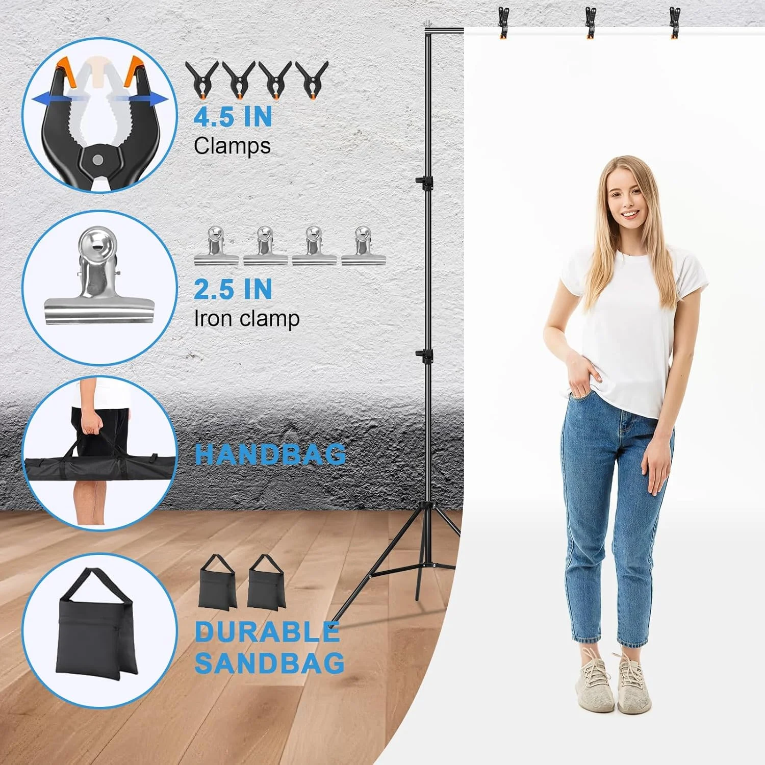 پایه پس زمینه فونان 2x3 متر، سیستم پشتیبانی پس زمینه استودیو عکس، با قابلیت تنظیم ارتفاع و دارای 6 گیره پس زمینه، 2 کیسه شن و کیف حمل برای عروسی، عکاسی استودیو، نمایش تبلیغاتی، مهمانی ها