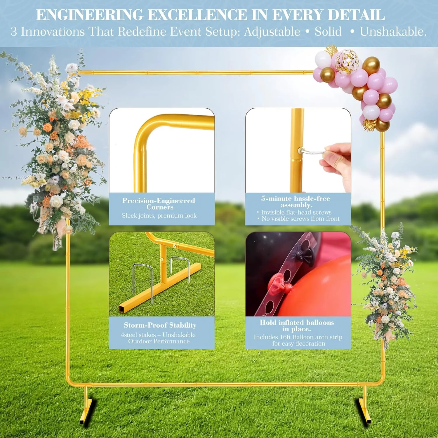 استند طاق بادکنک مربعی 2 متری، استند پس زمینه طاق مستطیلی فلزی طلایی برای عروسی، قاب طاق پس زمینه برای جشن تولد، سالگرد، نامزدی، جشن فارغ التحصیلی استند طاق بادکنک مربعی 2 متری، استند پس زمینه طاق مستطیلی فلزی طلایی برای عروسی، قاب طاق پس زمینه برای جشن تولد، سالگرد، نامزدی، جشن فارغ التحصیلی