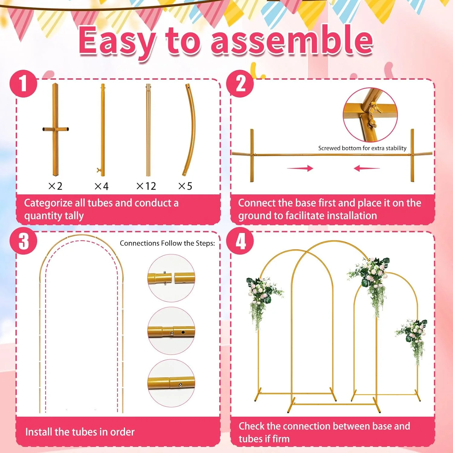 مجموعه 2 عددی پایه طاق طلایی (2.2 متر/1.8 متر)، طاق های فلزی برای عروسی، پایه طاق بادکنک با مونتاژ آسان برای تولد، جشن نوزاد، فارغ التحصیلی