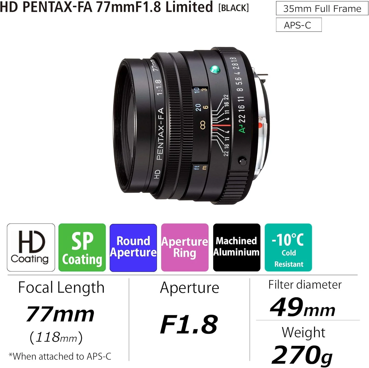 لنز تله فوتو پرایم متوسط HD PENTAX-FA 77mmF1.8 Limited مشکی، پوشش HD با عملکرد بالا، پوشش SP، دیافراگم گرد، بدنه آلومینیومی ماشین کاری شده لنز تله فوتو پرایم متوسط HD PENTAX-FA 77mmF1.8 Limited مشکی، پوشش HD با عملکرد بالا، پوشش SP، دیافراگم گرد، بدنه آلومینیومی ماشین کاری شده