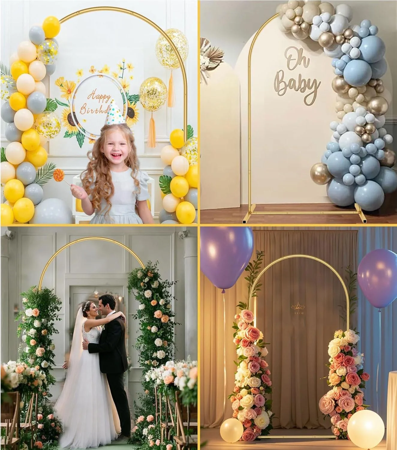 طاق بادکنک 2 متری با پایه فلزی، دکوراسیون طاق فلزی، استند پس زمینه عروسی با 2 پایه فلزی، قاب طلایی مناسب فضای داخلی و خارجی برای جشن تولد، سالگرد، نامزدی و فارغ التحصیلی (2x1 متر، طلایی)