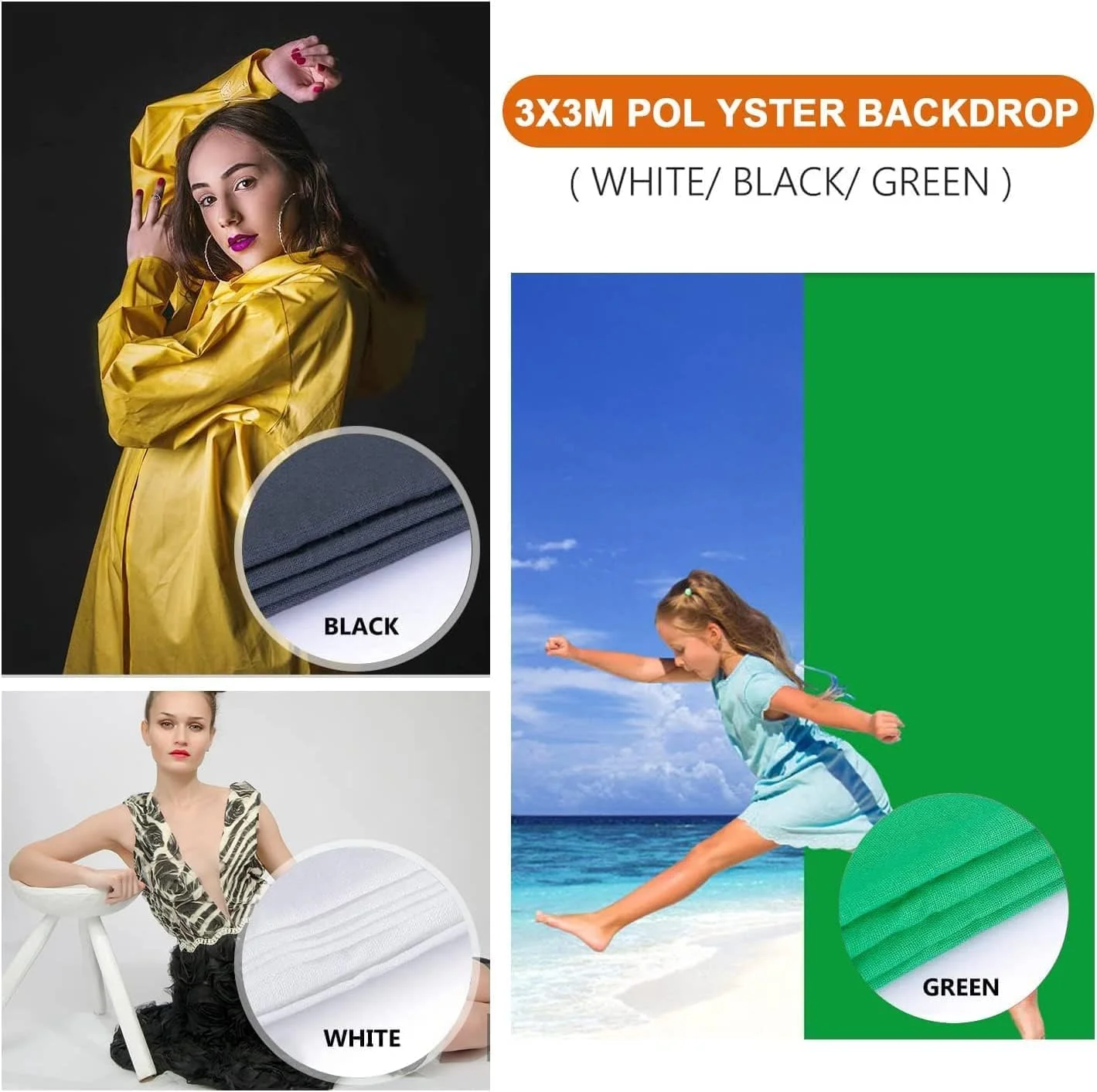 پایه фон 2x2 متری Padom با 3 پس‌زمینه 2x3 متری سبز، سفید، مشکی، کیت نورپردازی عکاسی