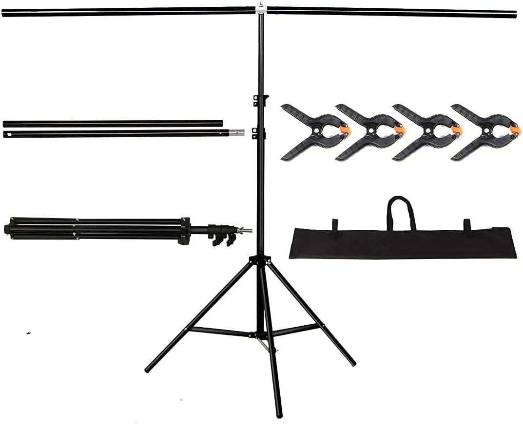 پایه نگهدارنده پس زمینه پرتابل T شکل eWINNER، 150 در 200 سانتی متر، 1.5 متر عرض و 2 متر ارتفاع، پایه قابل تنظیم برای پس زمینه عکس به همراه میله اتصال، پایه نور، گیره دهان ماهی و کیف دستی