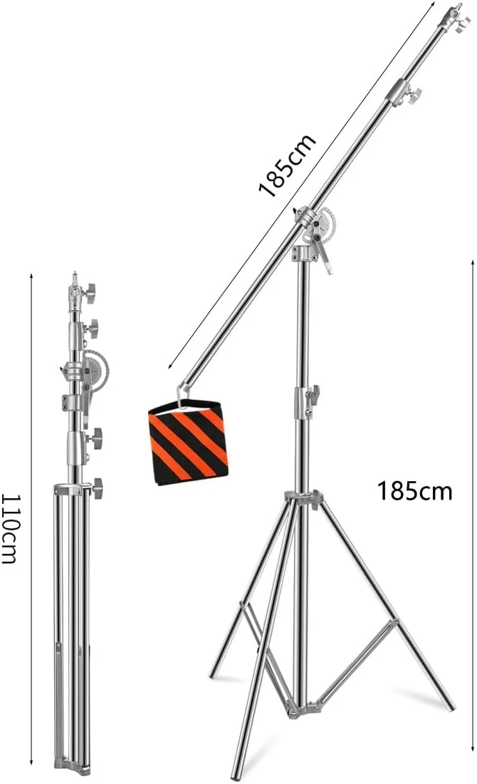 پایه نور استودیویی 2 در 1 استیل ضد زنگ eWINNER، حداکثر ارتفاع قابل تنظیم 385 سانتی متر با بازوی بوم 216 سانتی متری و کیسه شن برای پشتیبانی از چتر، سافت باکس و فلاش برای عکاسی پرتره و فیلمبرداری (نقره ای)