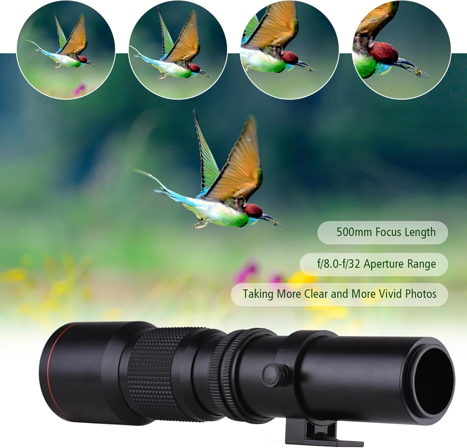 لنز سوپر تله فوتو 500 میلی متری Labymos با پوشش چند لایه، دیافراگم F/8.0-32 به همراه حلقه آداپتور T-Mount به EF-Mount جایگزین برای دوربین های EOS Rebel T3 T3i T4i T5 T5i T6 T6i T6s T7 T7i SL1 SL2 6D 7D 60D 70D 77D 80D 5D II