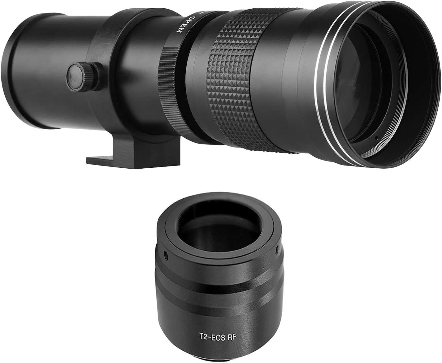 لنز سوپر تله فوتو دوربین Labymos MF با مانت T2، 420-800 میلی‌متر، دیافراگم F/8.3-16 به همراه حلقه آداپتور مانت RF و رزوه 1/4، جایگزین برای دوربین‌های EOS R/ R3/ R5/ R5C/ R6/ RP با مانت RF