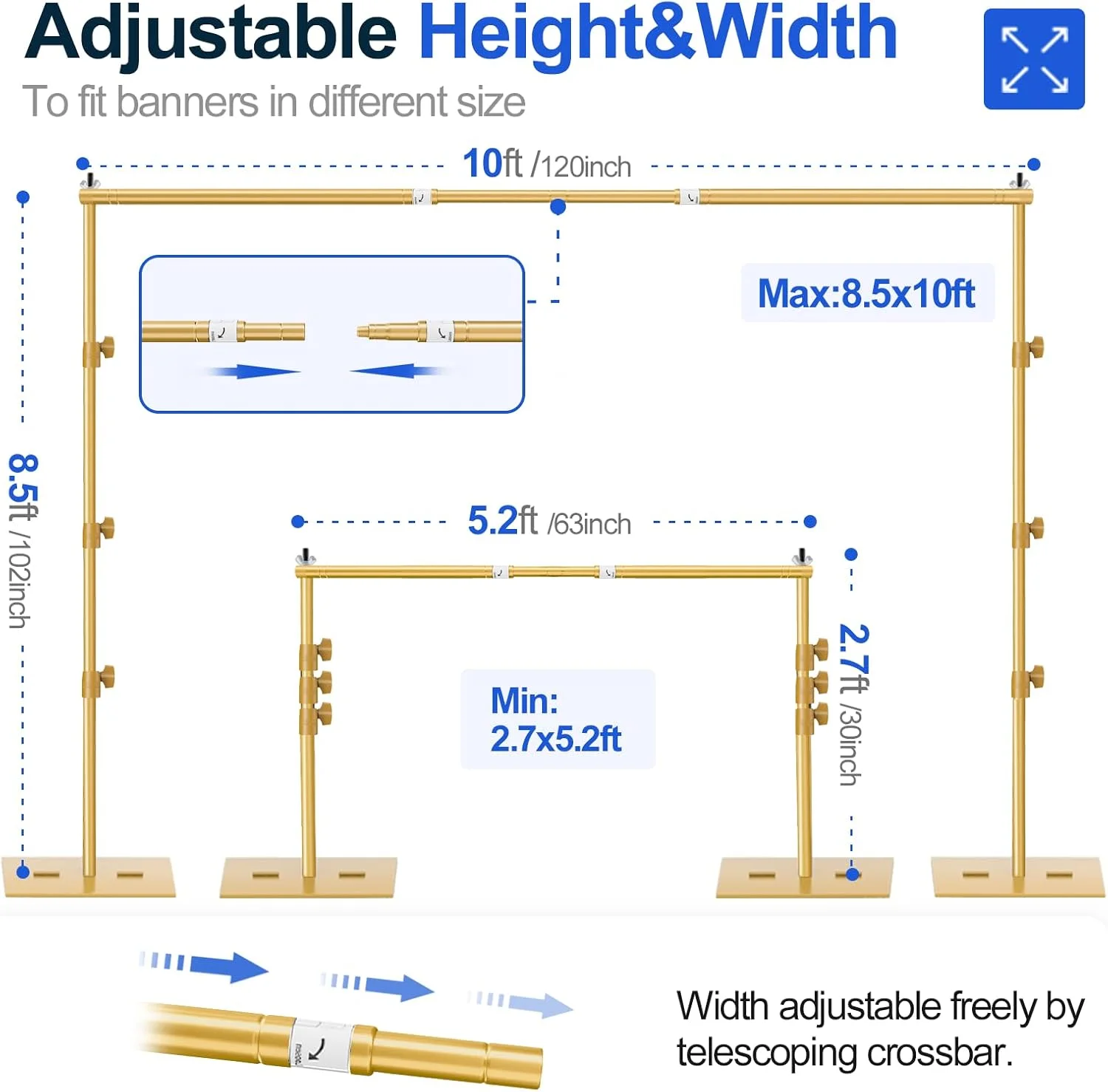 پایه پس زمینه سنگین EMART، 2.6x3 متر، کیت سیستم پشتیبانی پس زمینه قابل تنظیم با پایه فولادی برای عکاسی، استودیو عکس و فیلم، جشن تولد، دکوراسیون عروسی - طلایی