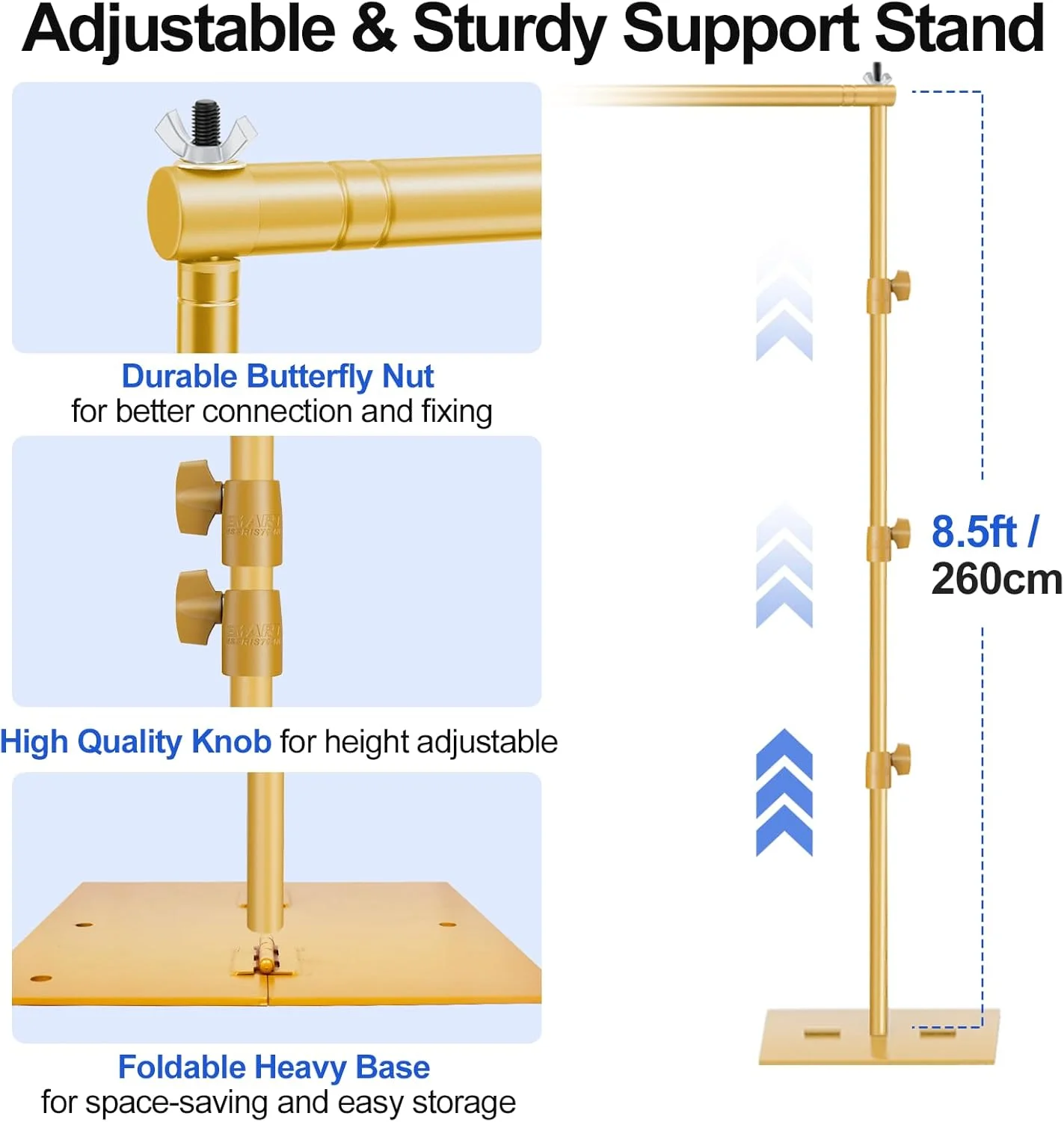 پایه پس زمینه سنگین EMART، 2.6x3 متر، کیت سیستم پشتیبانی پس زمینه قابل تنظیم با پایه فولادی برای عکاسی، استودیو عکس و فیلم، جشن تولد، دکوراسیون عروسی - طلایی