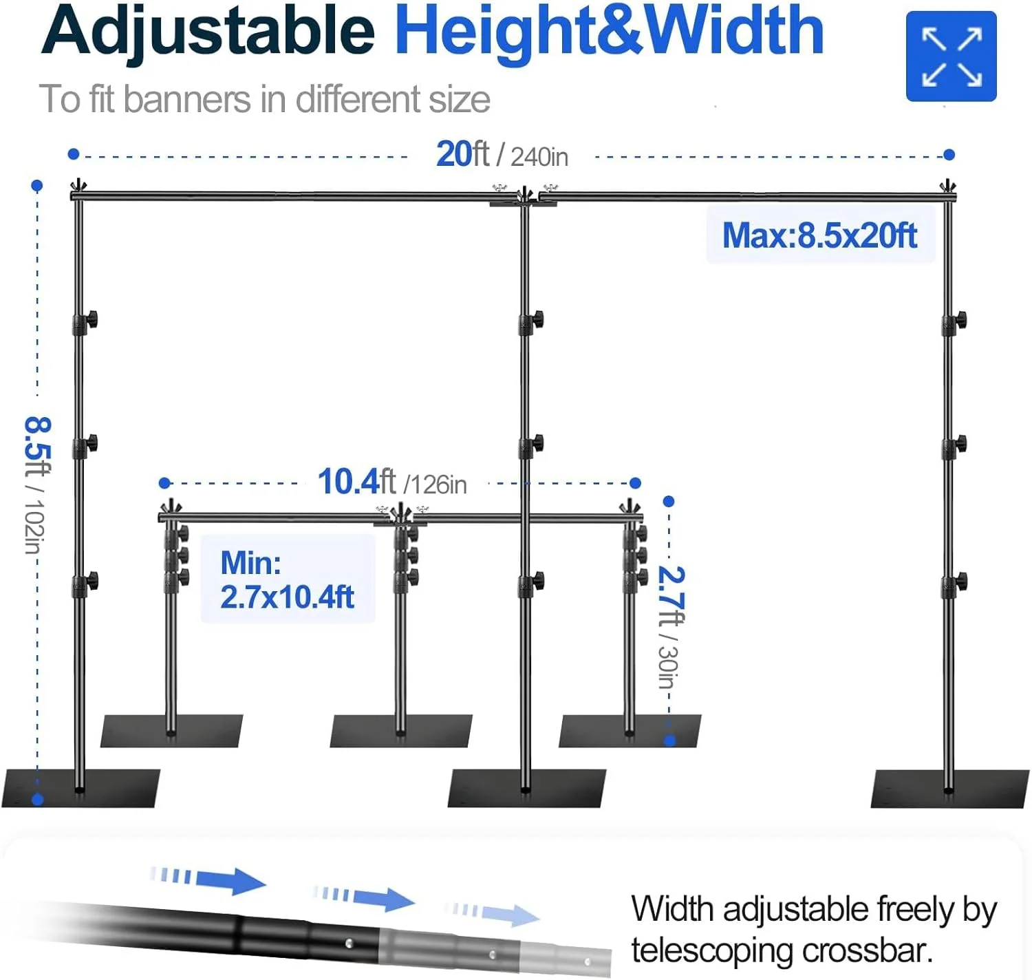 پایه پس زمینه عکاسی EMART، 2.6x6 متر، مناسب برای مهمانی ها، پایه نگهدارنده پس زمینه قابل تنظیم، کیت قاب با پایه فلزی فولادی سنگین برای تولد و عروسی - مشکی