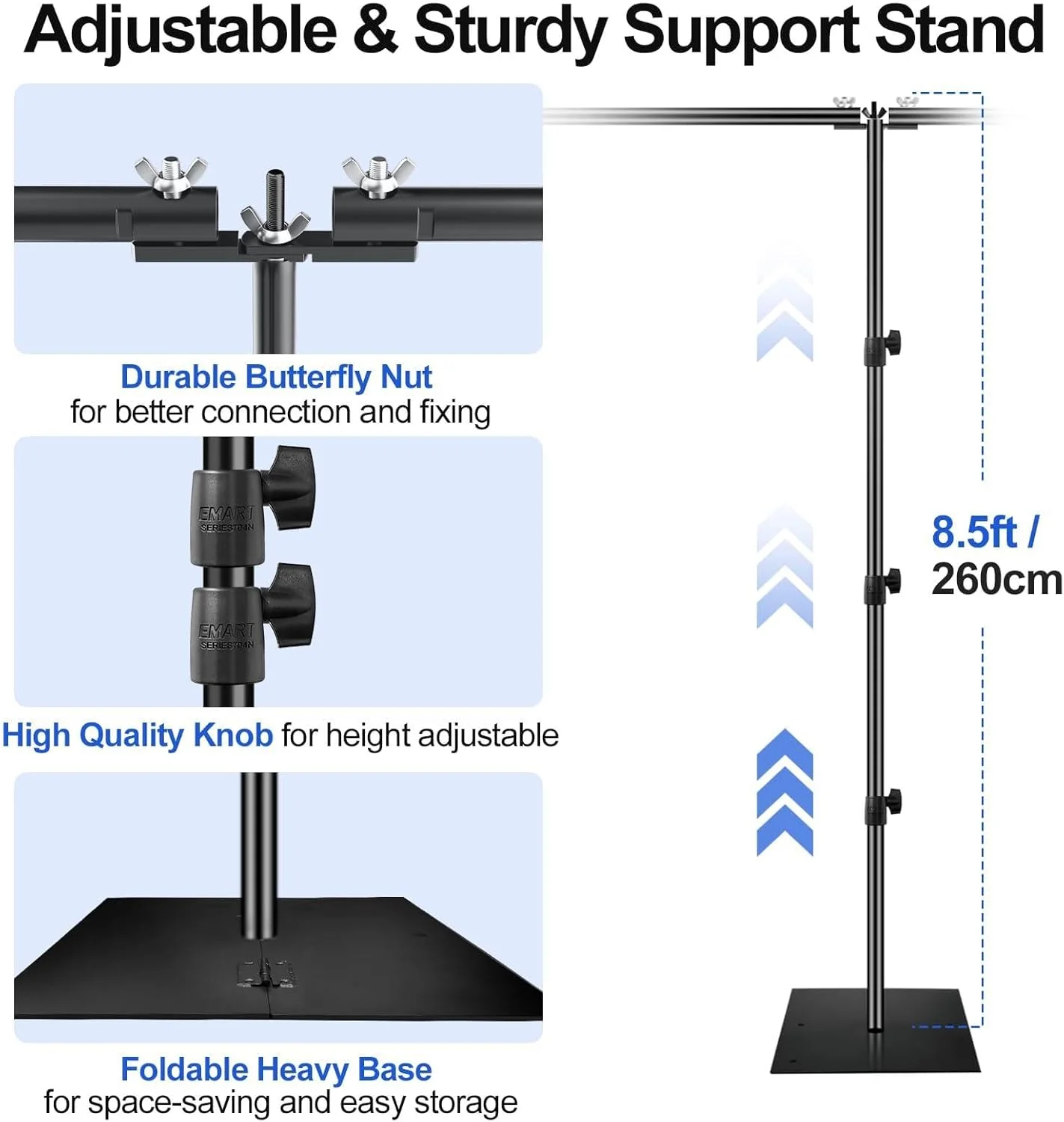 پایه پس زمینه عکاسی EMART، 2.6x6 متر، مناسب برای مهمانی ها، پایه نگهدارنده پس زمینه قابل تنظیم، کیت قاب با پایه فلزی فولادی سنگین برای تولد و عروسی - مشکی