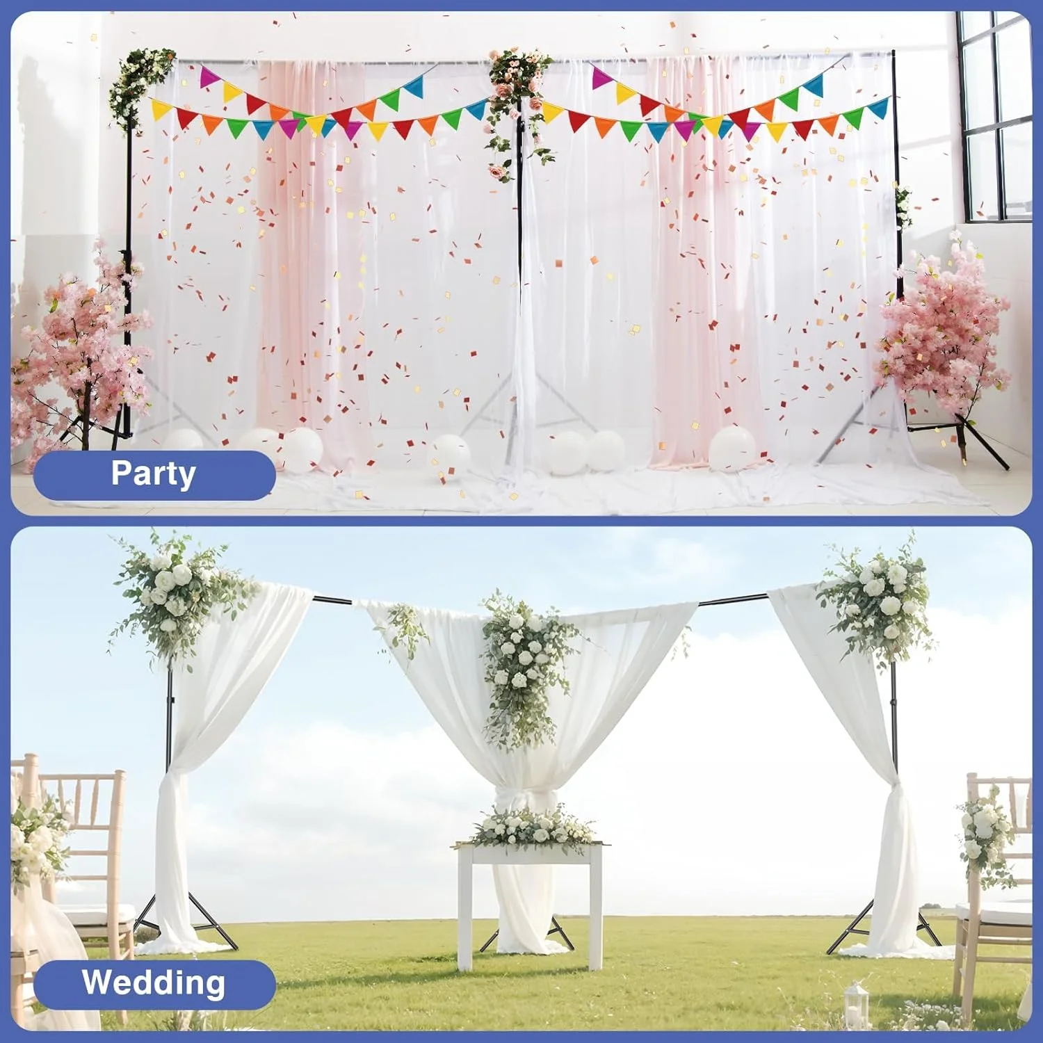 پایه پس زمینه EMART، 6x2.1 متر، قاب پس زمینه بزرگ قابل تنظیم با اتصال چرخشی 308 درجه، 8 گیره فنری، 3 کیسه شن برای مهمانی ها، تزئینات عروسی، استودیو عکس