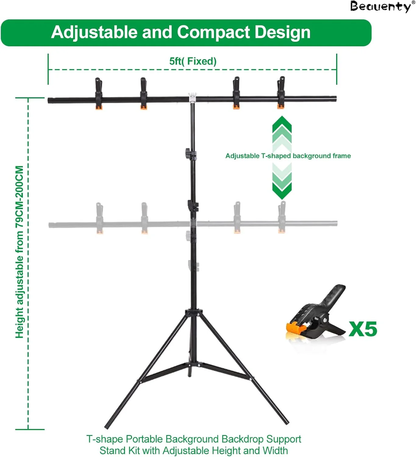 کیت پایه نگهدارنده پرده فون مدل T شکل Beauenty، پایه استودیو عکس، پایه پس زمینه قابل حمل با کیف حمل، پایه پس زمینه استودیوی عکاسی تاشو با 5 گیره فنری (استایل 1)