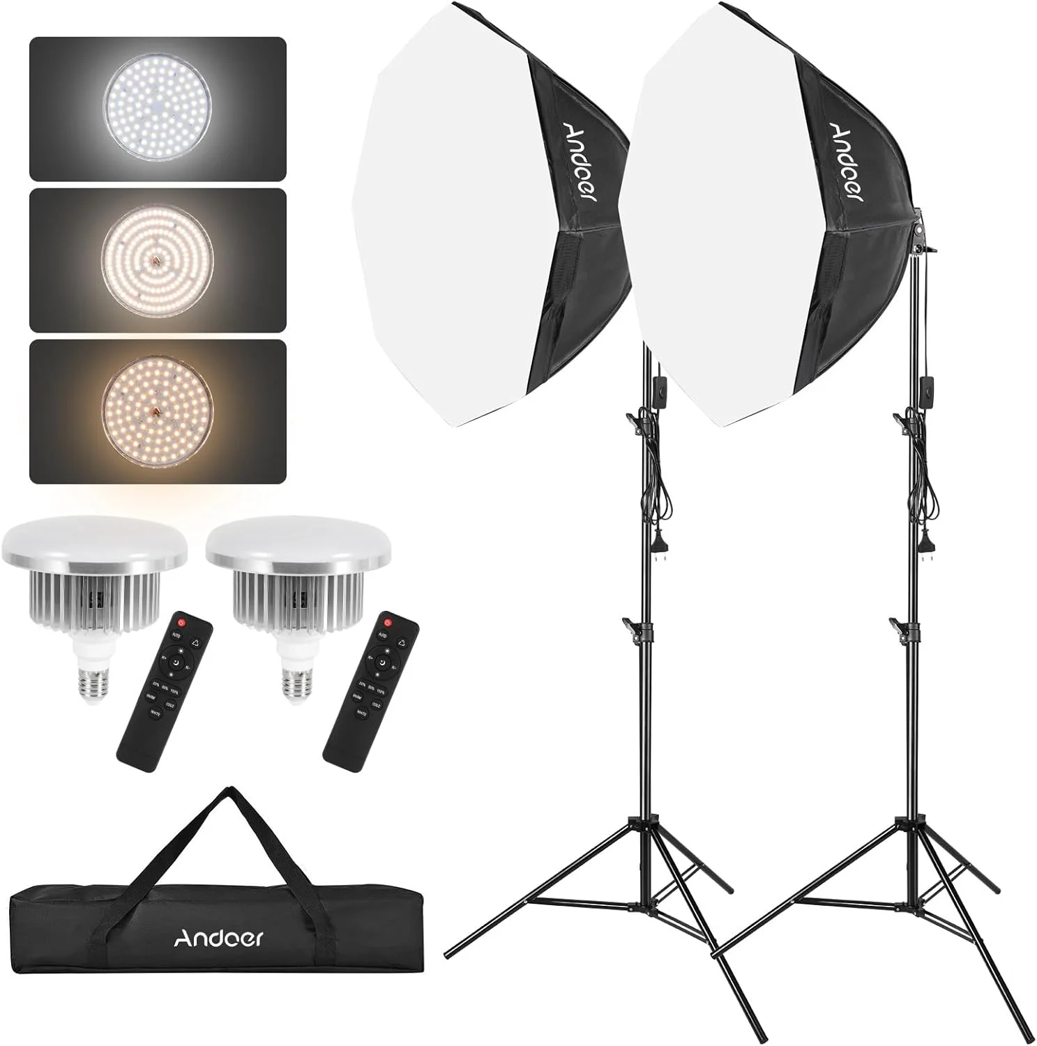 کیت نورپردازی استودیویی YUNNSTORE شامل سافت باکس، چراغ LED 85W 2800K-5700K (2 عدد)، سافت باکس هشت ضلعی (2 عدد)، پایه نور 2 متری (2 عدد)، کنترل از راه دور (2 عدد) و کیف حمل برای پرتره استودیویی