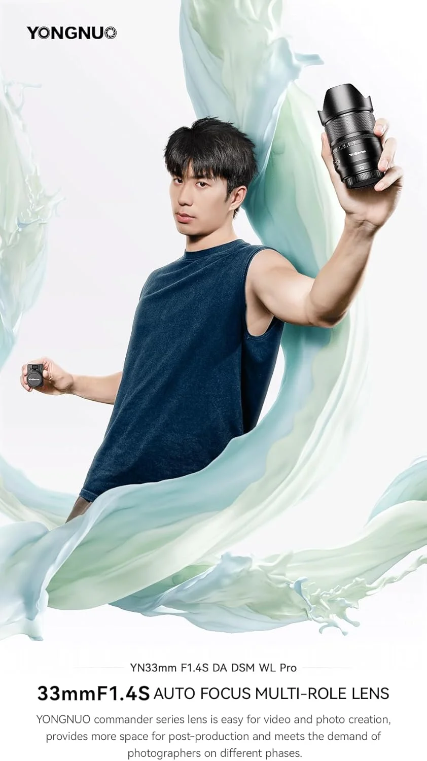 لنز واید انگل ۳۳ میلیمتری YONGNUO YN33mm F1.4S DA DSM با دیافراگم بزرگ F1.4 و فوکوس خودکار، مناسب برای دوربینهای بدون آینه APS-C با مانت Sony E، به همراه ریموت کنترل لنز YONGNUO مدل BR-L1 لنز واید انگل ۳۳ میلیمتری YONGNUO YN33mm F1.4S DA DSM با دیافراگم بزرگ F1.4 و فوکوس خودکار، مناسب برای دوربینهای بدون آینه APS-C با مانت Sony E، به همراه ریموت کنترل لنز YONGNUO مدل BR-L1