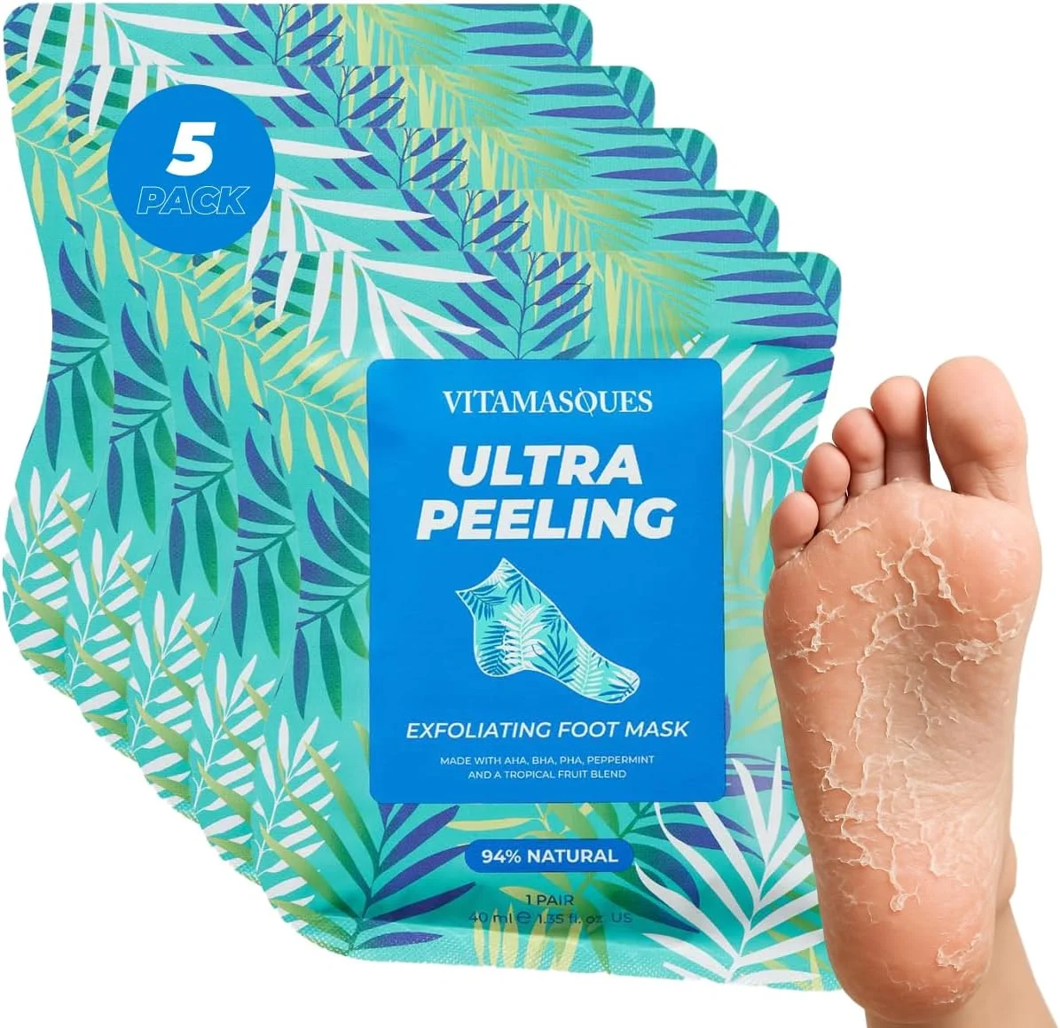 ماسک لایه بردار پا ویتاماسک - 5 جفت ماسک حرفه ای لایه بردار پا کره ای برای رفع خشکی و ترک پا و از بین بردن پینه، ماسک های لایه بردار پا که پوست های مرده را برای داشتن پاشنه های نرم با AHA BHA PHA از بین می برند.