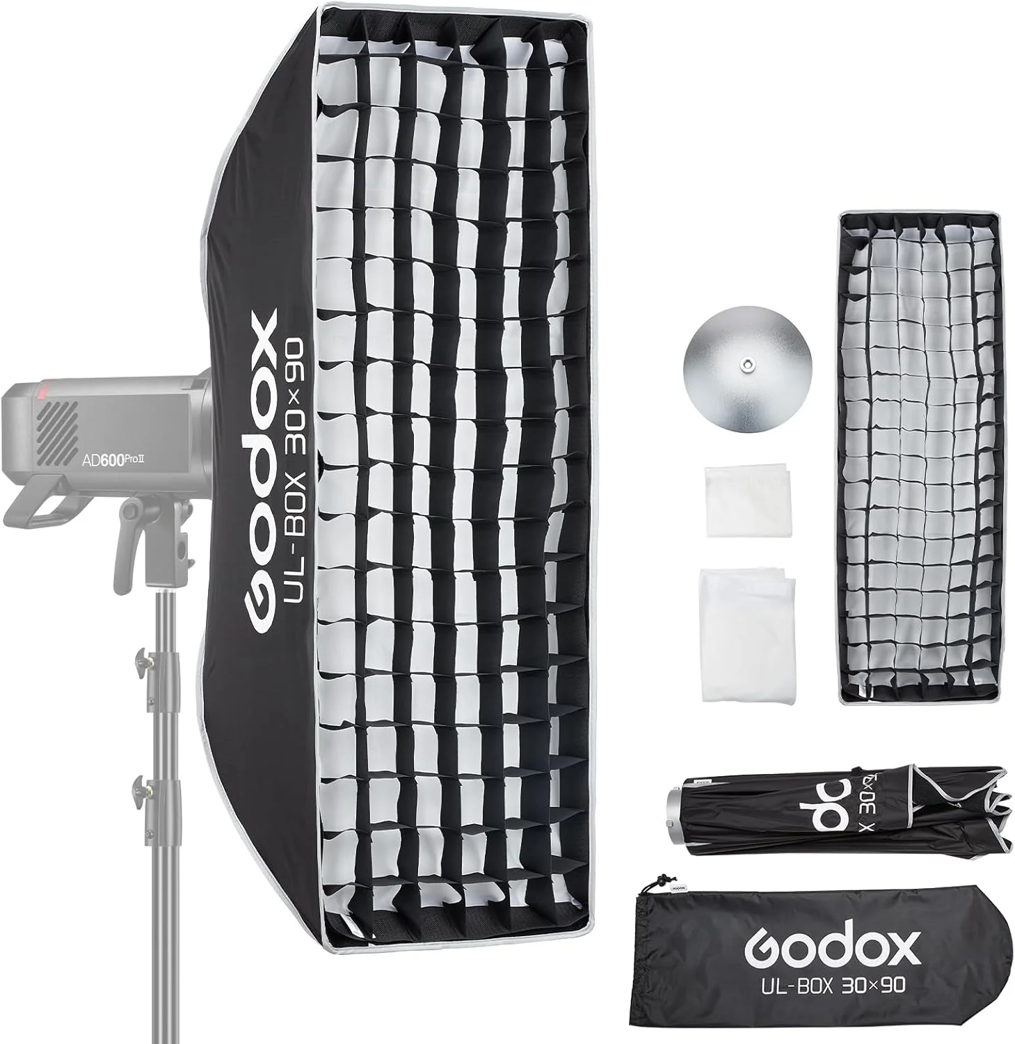 سافت باکس چتری گودکس 30cm*90cm با دیفیوزر گرید، نصب سریع، مانت بوئنز، سافت باکس نورپردازی فشرده برای عکاسی، نور مداوم، مونو لایت، فلاش استروب