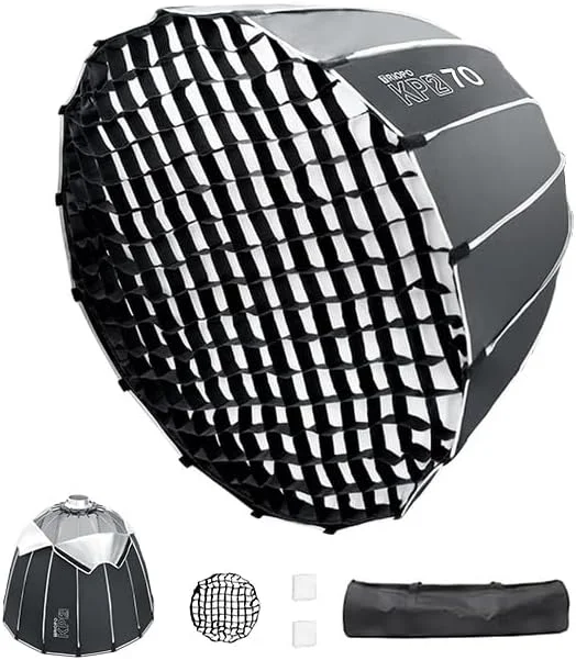 سافت باکس پارابولیک عمیق تریوپو KP2-70 با قطر 70 سانتی متر | مانت بوئنز، کیف حمل و توری لانه زنبوری | برای فلاش استودیویی و نورهای LED | سازگار با گودوکس آپرچر لایت دوم
