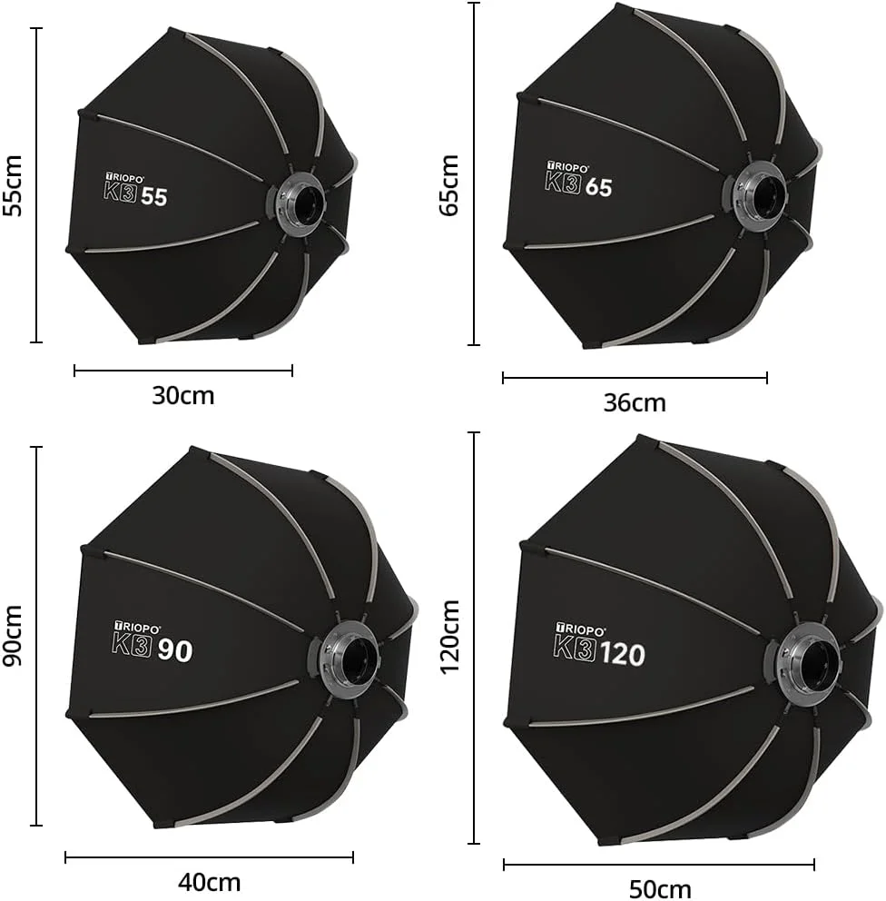 سافت باکس هشت ضلعی قابل حمل Triopo با مانت بوئنز: نصب سریع با طراحی تاشو، سازگار با نورهای مداوم بوئنز (K3-65 / 65 سانتی متر / 25.6 اینچ)