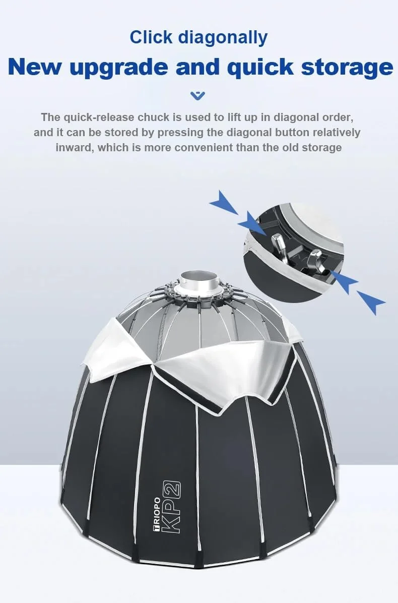 سافت باکس پارابولیک عمیق تریوپو KP2-70 با قطر 70 سانتی متر | مانت بوئنز، کیف حمل و توری لانه زنبوری | برای فلاش استودیویی و نورهای LED | سازگار با گودوکس آپرچر لایت دوم