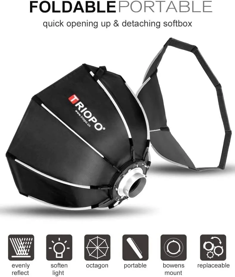 سافت باکس هشت ضلعی تریوپو K65 با مانت بوئنز، 65 سانتی متر، تاشو و قابل حمل، مناسب فلاش استودیویی و نورهای LED + کیف حمل + گرید (نسل دوم)