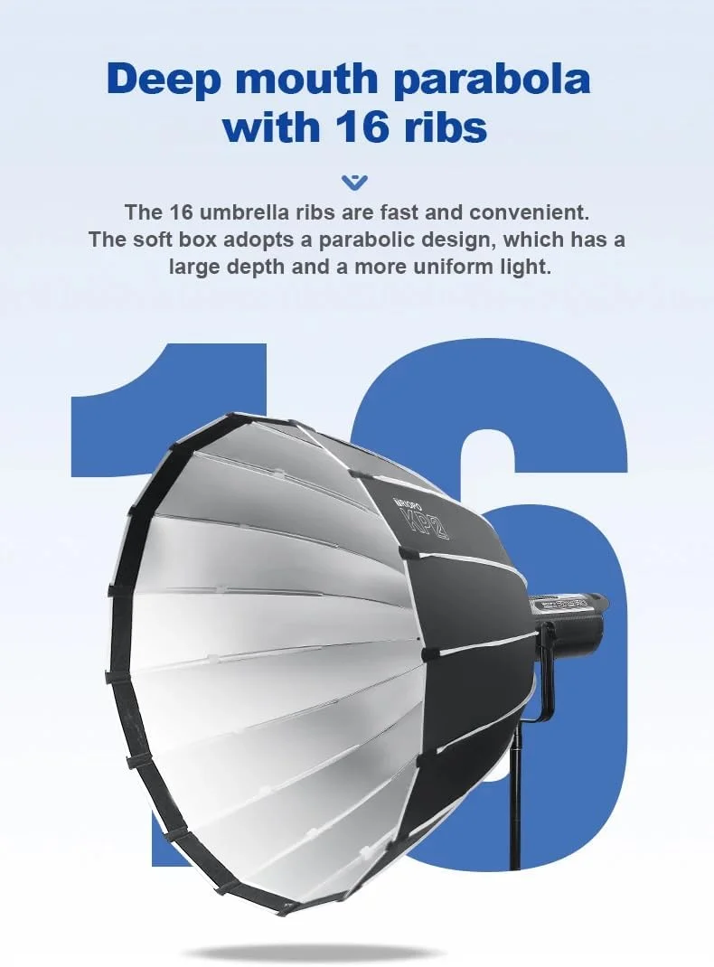 سافت باکس پارابولیک عمیق تریوپو KP2-70 با قطر 70 سانتی متر | مانت بوئنز، کیف حمل و توری لانه زنبوری | برای فلاش استودیویی و نورهای LED | سازگار با گودوکس آپرچر لایت دوم