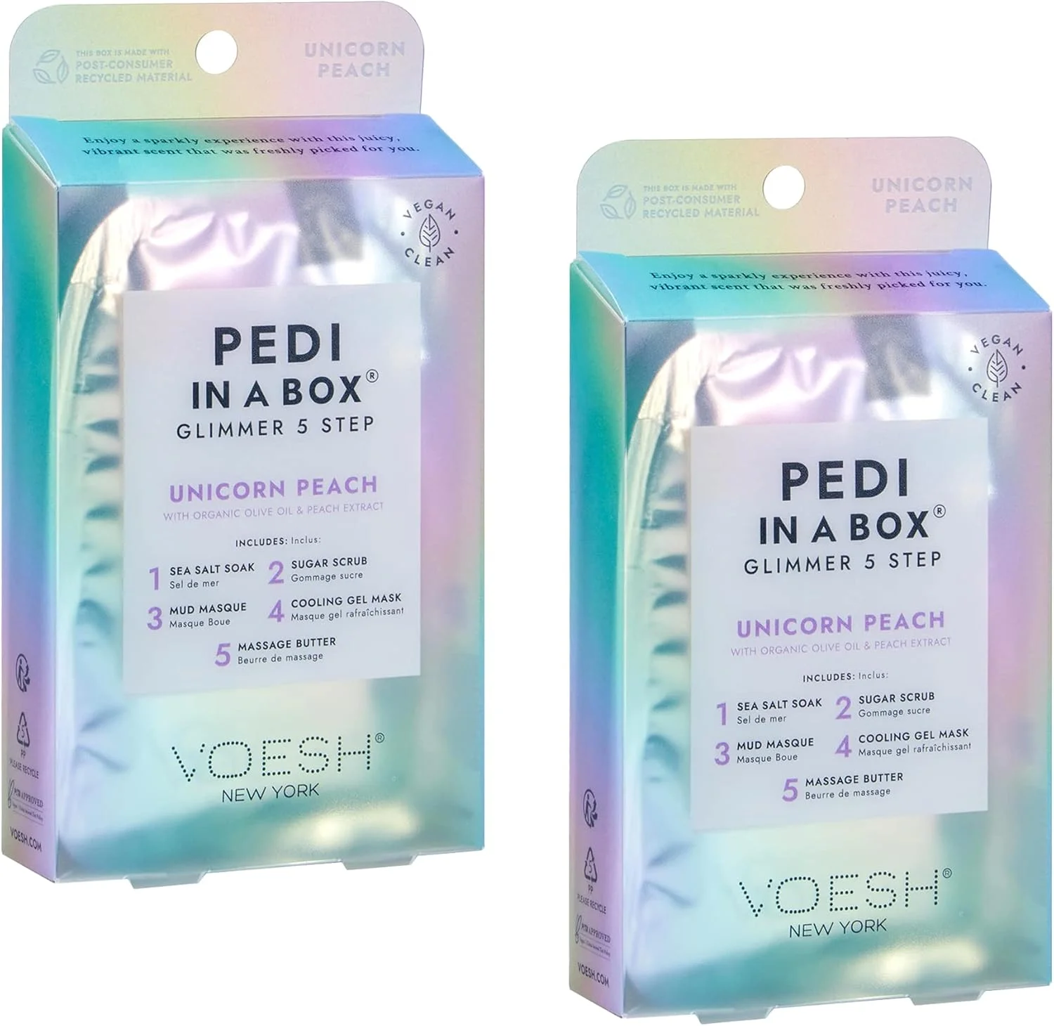 Voesh New York Pedi in a Box Glimmer - Unicorn Peach، بسته 2 عددی، پدیکور، مراقبت از پا، اسپا در خانه، پدی DIY، پدیکور در خانه، محصولات پدیکور، Pedi In A Box، وگان