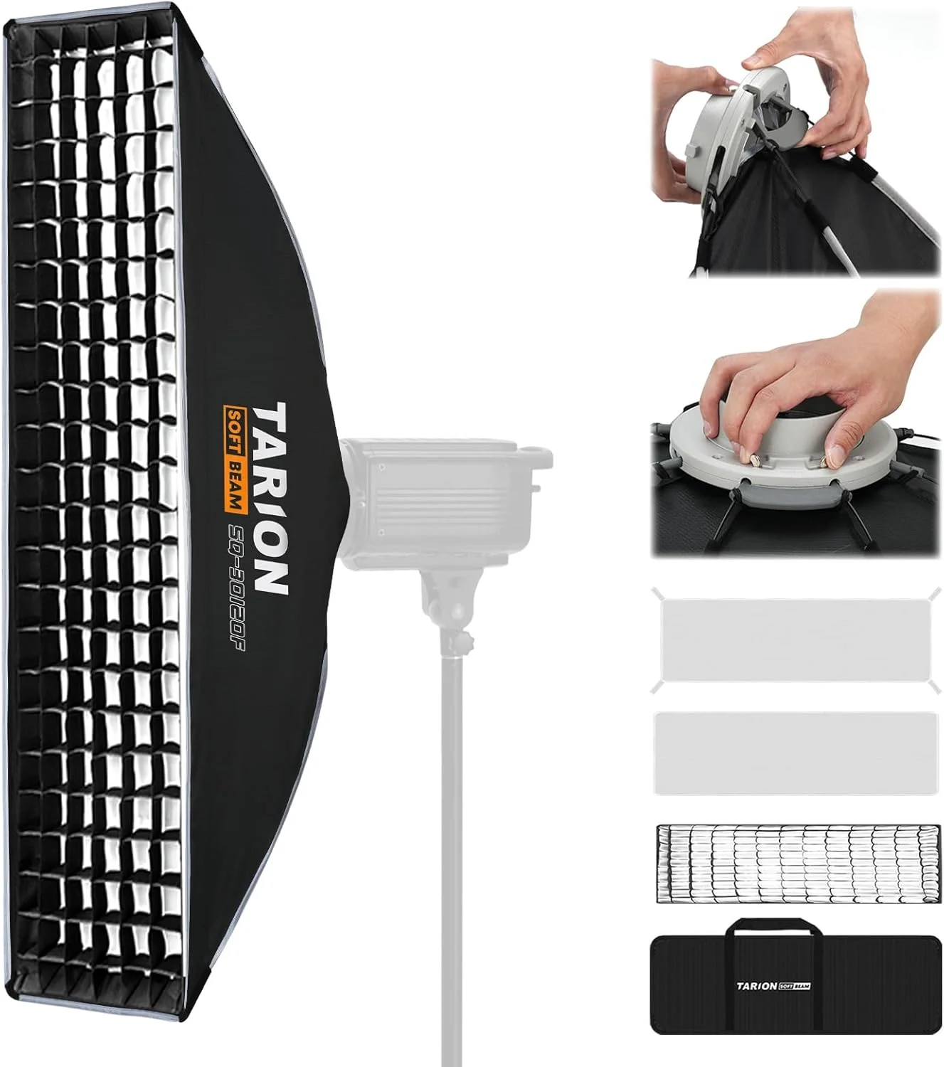 نرم باکس نواری تاشو TARION برای نورپردازی - 30x120 سانتی متر / 1x4 فوت مانت بوئنز به همراه گرید، راه اندازی یک مرحله ای، سافت باکس عکاسی برای فیلمبرداری حرفه ای استودیویی، نورپردازی مصاحبه مدل SQ-30120F SOFTBEAM