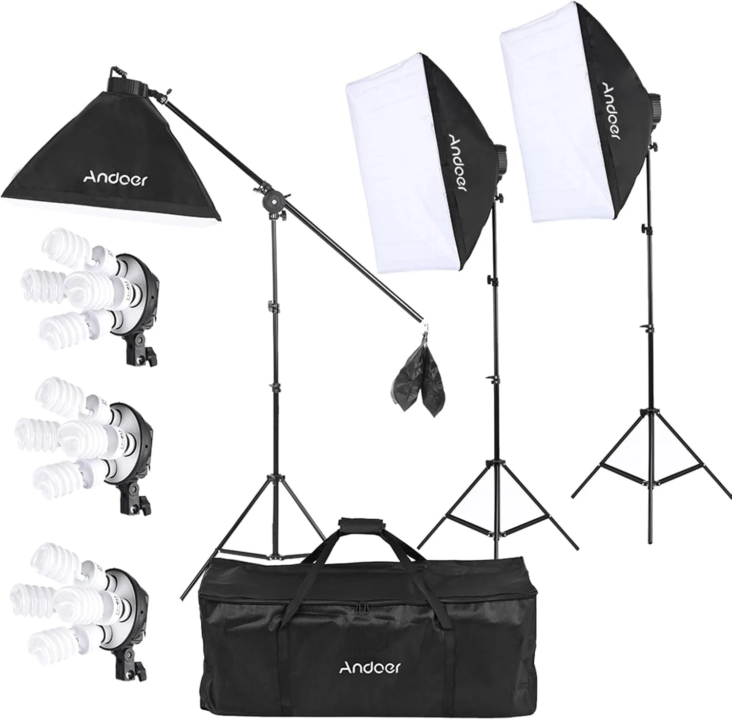 کیت نورپردازی استودیویی شامل ۱۲ عدد لامپ ۴۵ وات، ۳ عدد سوکت ۴ در ۱ لامپ، ۳ عدد سافت باکس، ۳ عدد پایه نور، ۱ عدد میله کانتیلور و ۱ عدد کیف حمل دوشاخه UK