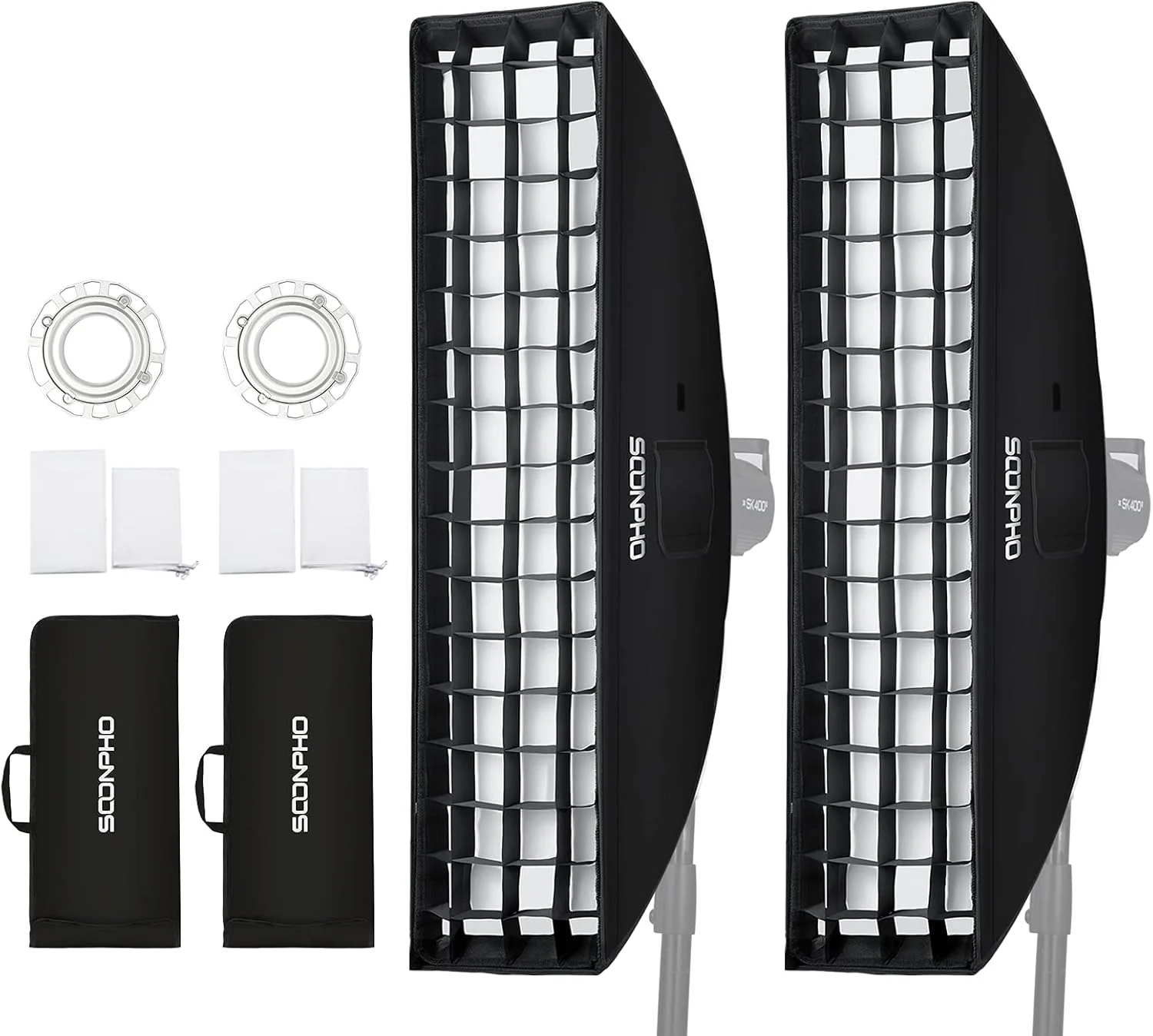 نرم باکس نواری لانه زنبوری Soonpho با مانت بوئنز، ابعاد 22x90 سانتی متر، مناسب فلاش استودیویی و سایر نورپردازی های استروب و کیف حمل (2 عدد)