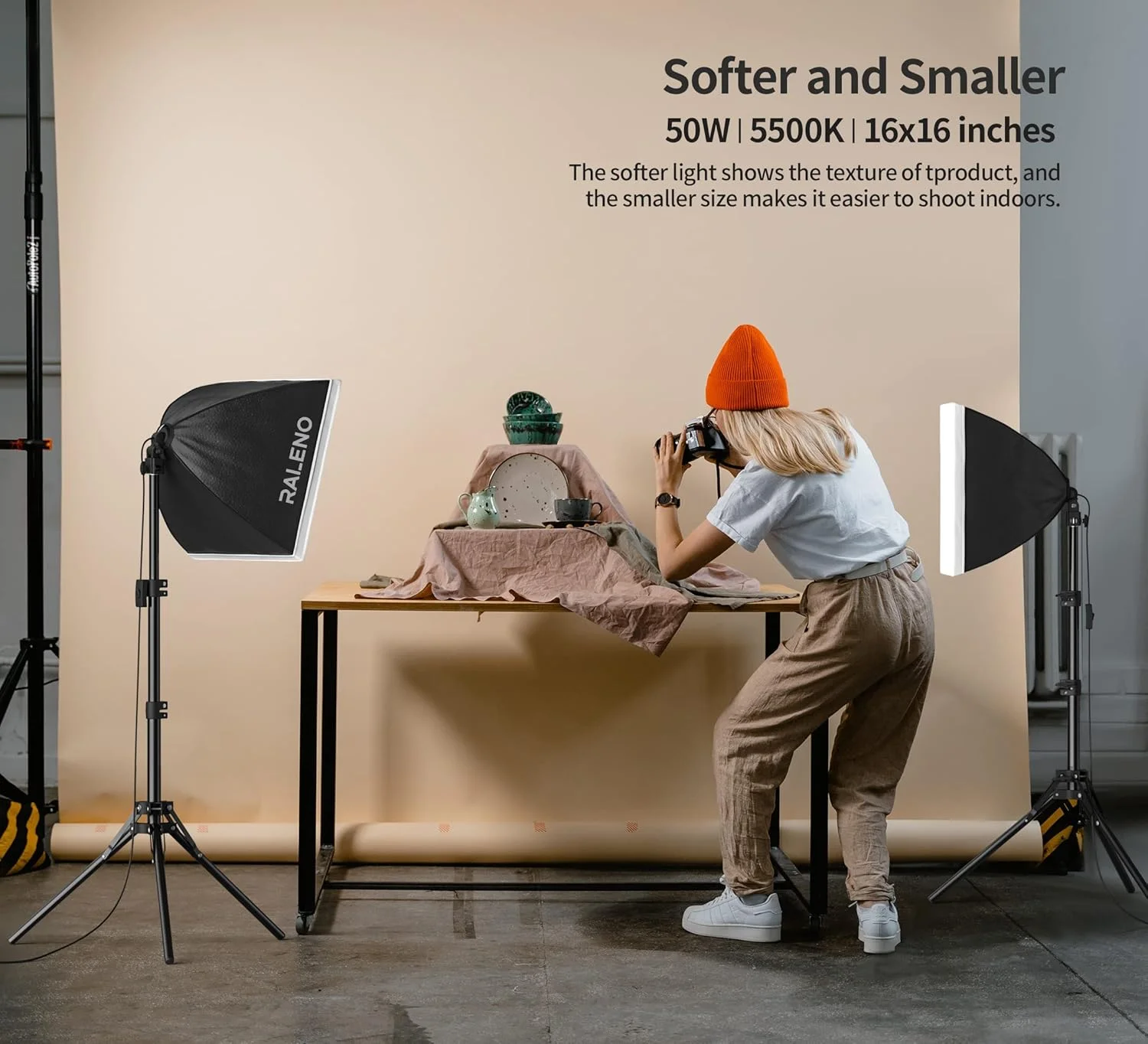 جعبه نور سافت باکس RALENO، ست استودیویی عکس 50 واتی LED، 2 عدد چراغ عکس 40x40 سانتی‌متری با لامپ 5500K و سه‌پایه، لامپ عکس برای عکاسی پرتره، استریم بازی، عکاسی ویدیویی یوتیوب