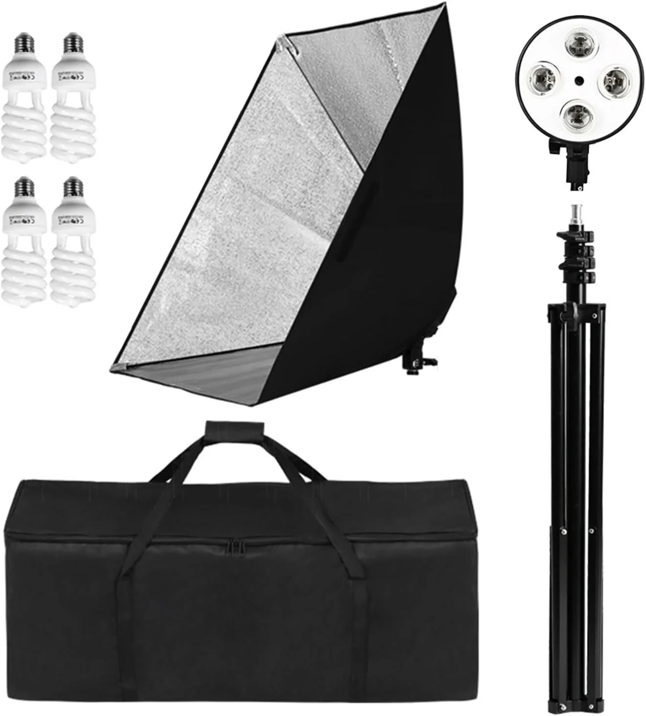 کیت نورپردازی استودیویی با سافت باکس، سرچهارشاخه نور، پایه 2 متری، 4 عدد لامپ 45 واتی و کیف حمل برای عکاسی پرتره و محصول