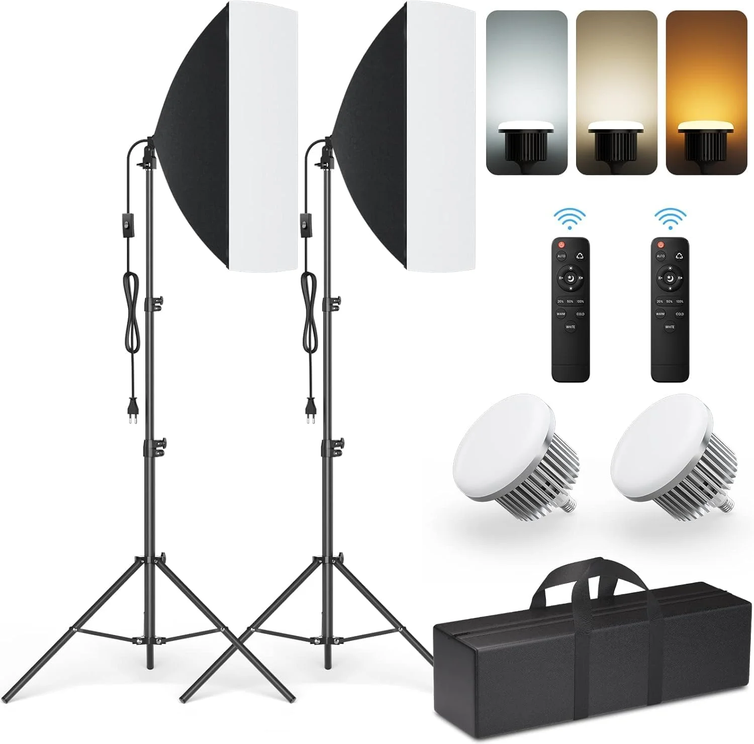 ست نور سافت باکس LED 50x70 سانتی متر، نورپردازی پیوسته با قابلیت تنظیم نور برای استودیو ویدیو و عکاسی 85 وات 3200-5600K به همراه 2 عدد لامپ 85 واتی، 2 عدد ریموت کنترل، 2 عدد سه پایه قابل تنظیم 2 متری