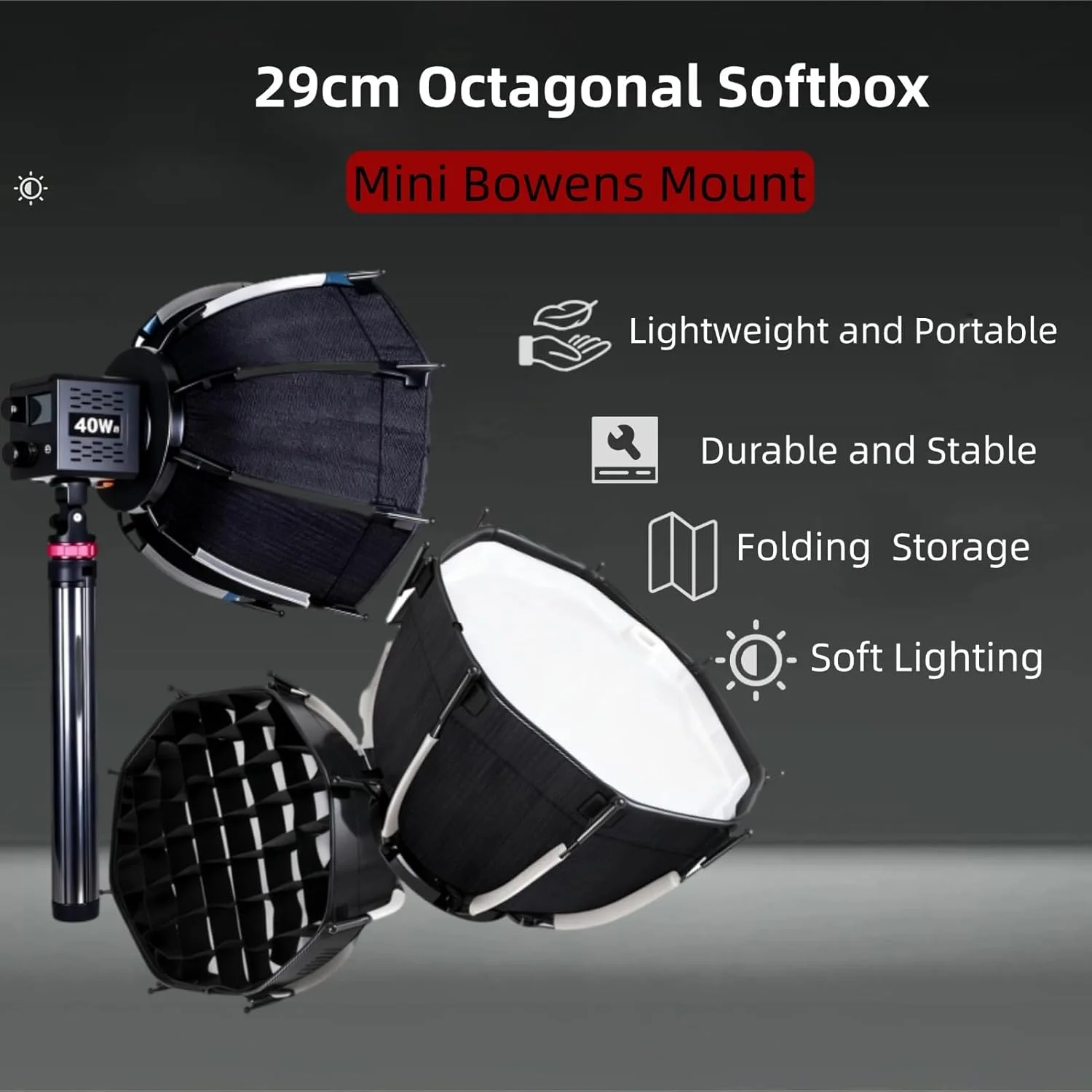 سافت باکس هشت ضلعی، کیف نگهداری با ابعاد دقیق، نصب سریع، افزایش خروجی نور، ساختار دهانه عمیق برای مانت بوئنز به همراه گرید، مناسب برای مسافرت