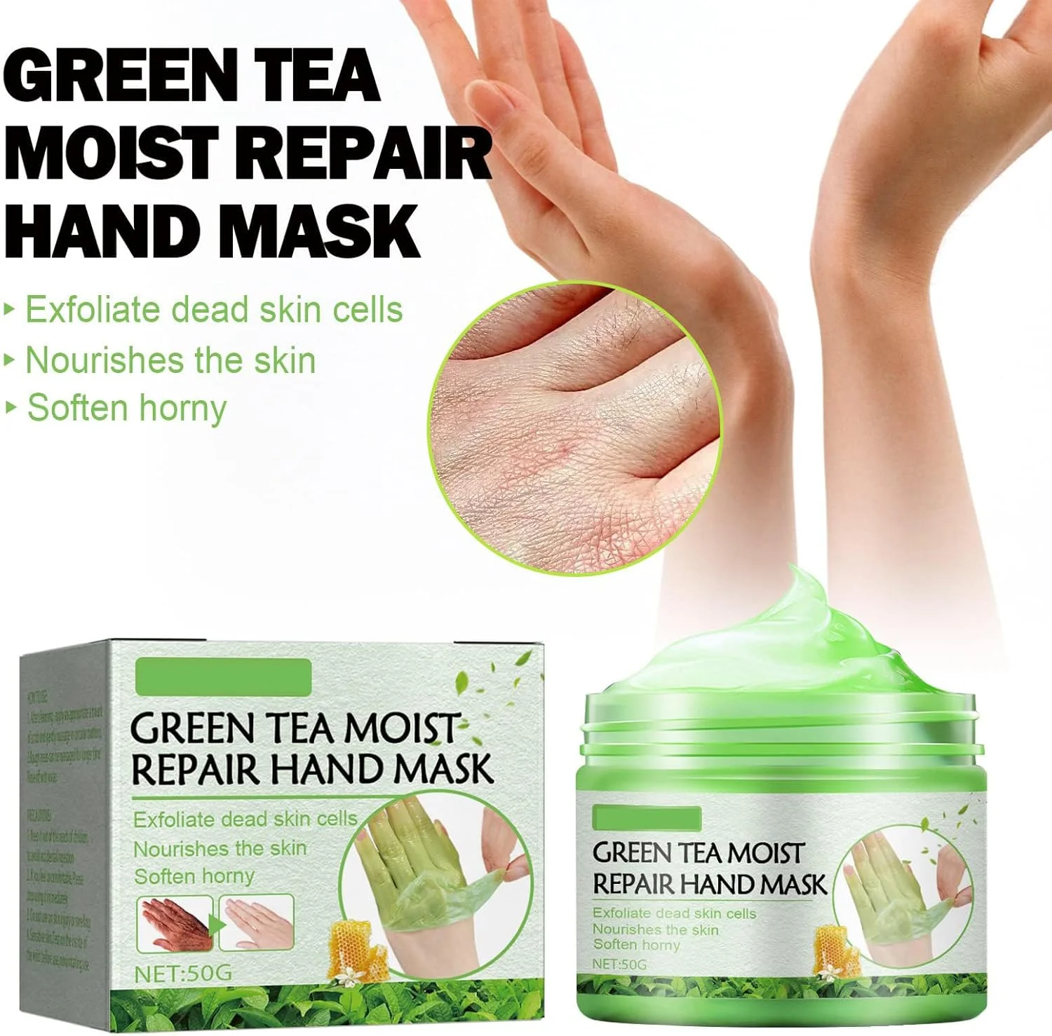 ماسک دست ترمیم کننده چای سبز تریفی، موم عسلی دست برای مرطوب کردن و لایه برداری پوست خشک، ترک خورده و پیر، درمان ضد ترک برای دست های زبر (50 گرم)
