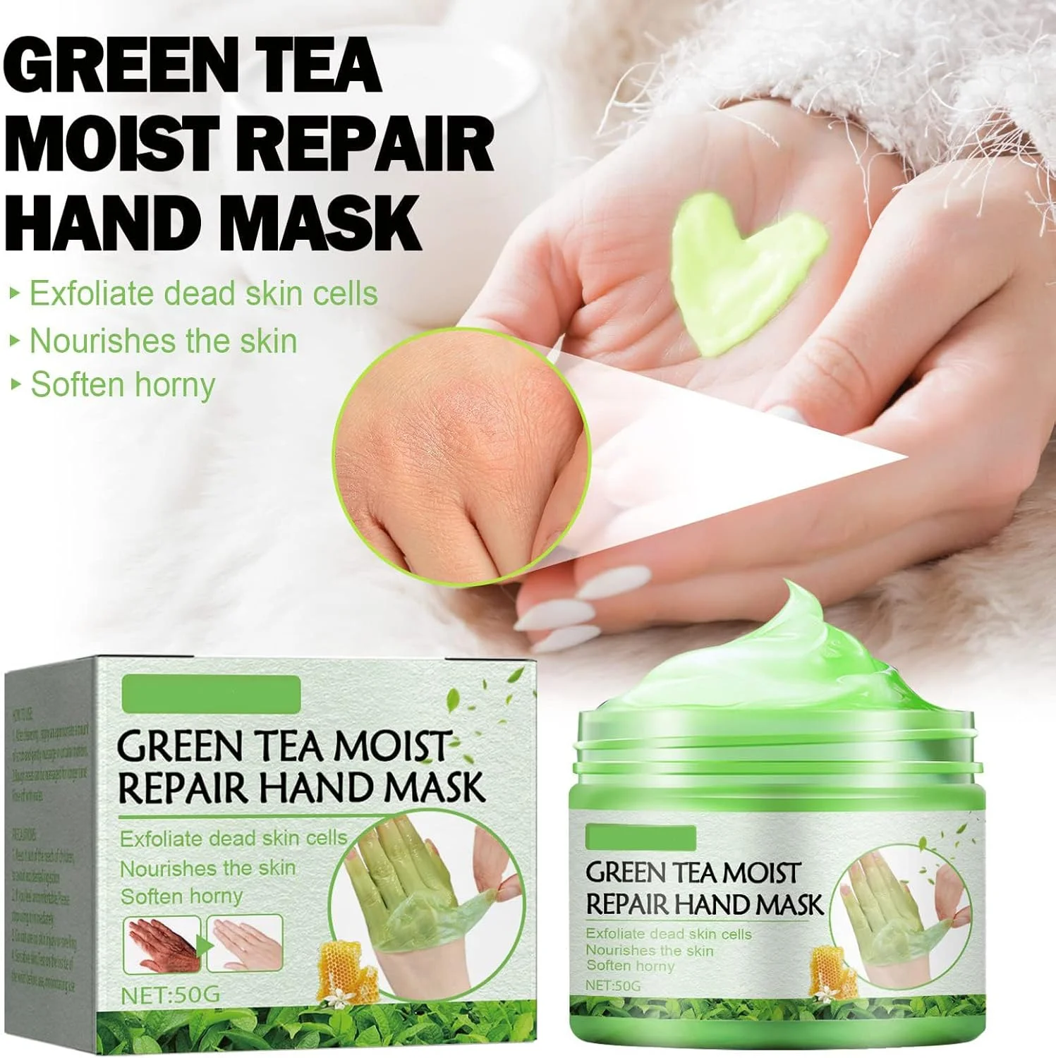 ماسک دست ترمیم کننده چای سبز تریفی، موم عسلی دست برای مرطوب کردن و لایه برداری پوست خشک، ترک خورده و پیر، درمان ضد ترک برای دست های زبر (50 گرم)
