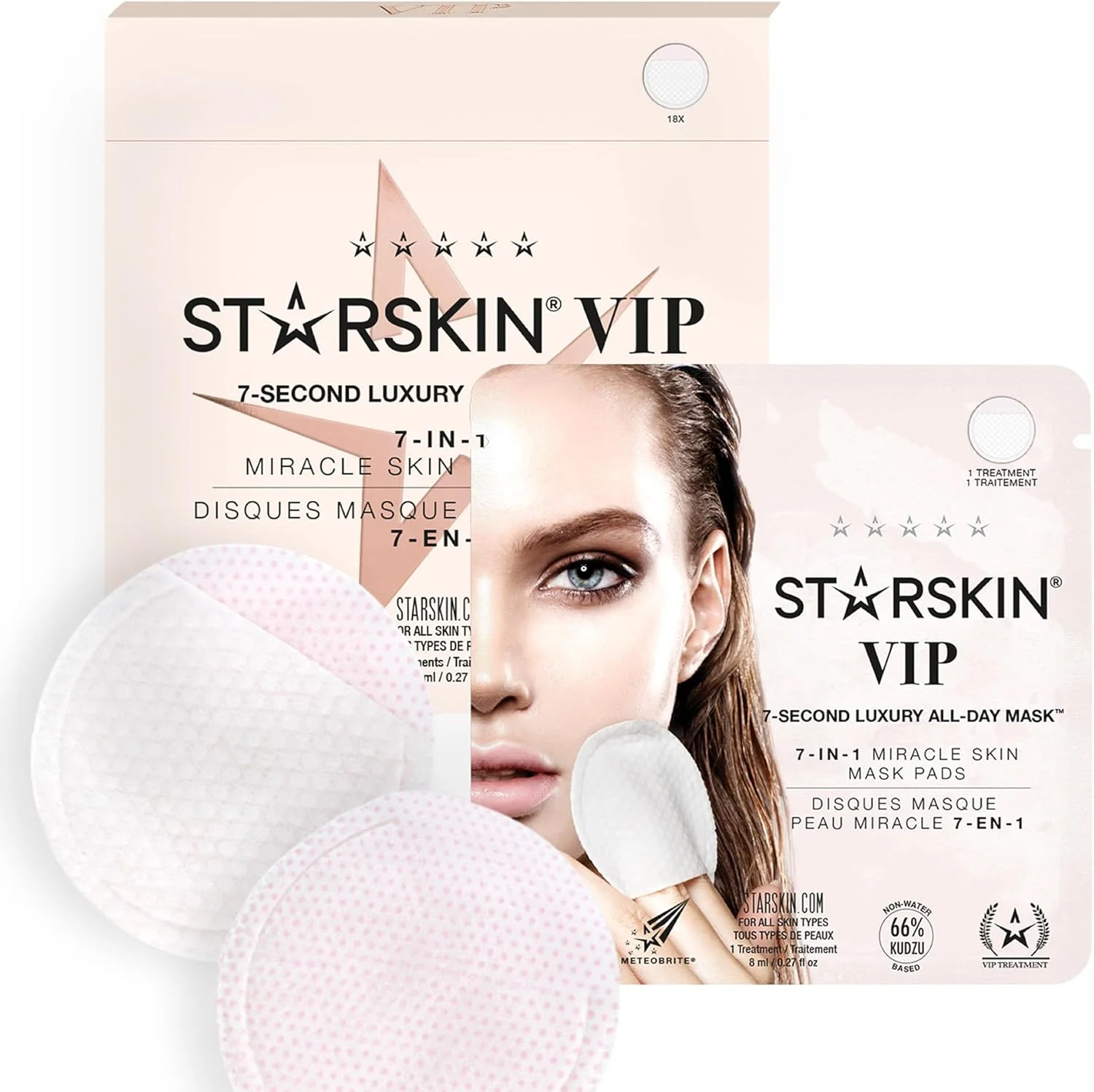 پدهای تونر صورت کره ای STARSKIN 7 Seconds All-Day Mask، 7 در 1 برای آبرسانی فوری و شادابی پوست، مناسب انواع پوست، لایه برداری و مراقبت از منافذ با 66% عصاره ریشه کودزو، مراقبت از پوست K Beauty (18 پد)