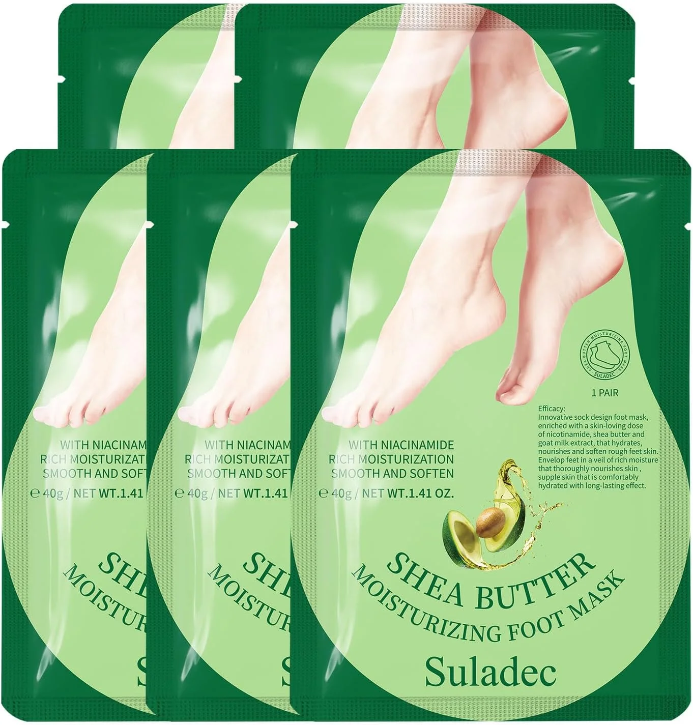 ماسک مرطوب کننده پا SULADEC با شی باتر برای پاهای خشک و ترک خورده، کرم مرطوب کننده برای پاهای نرم و لطیف - مناسب آقایان و بانوان - 5 جفت (سبز)